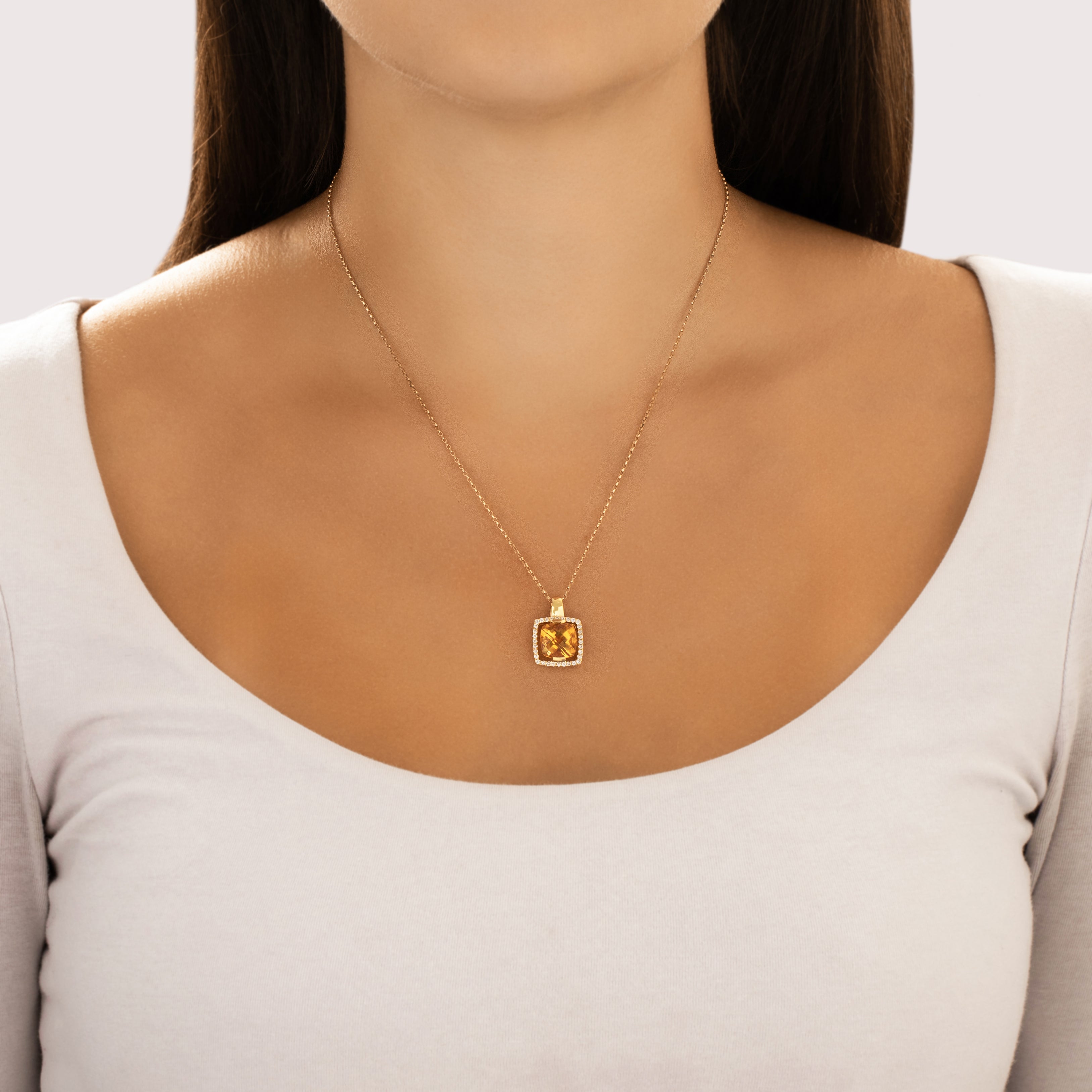 Vintage 18k Yellow Gold 4.47ct Citrine Diamond Framed Checkerboard Cushion Pendant - On model view
