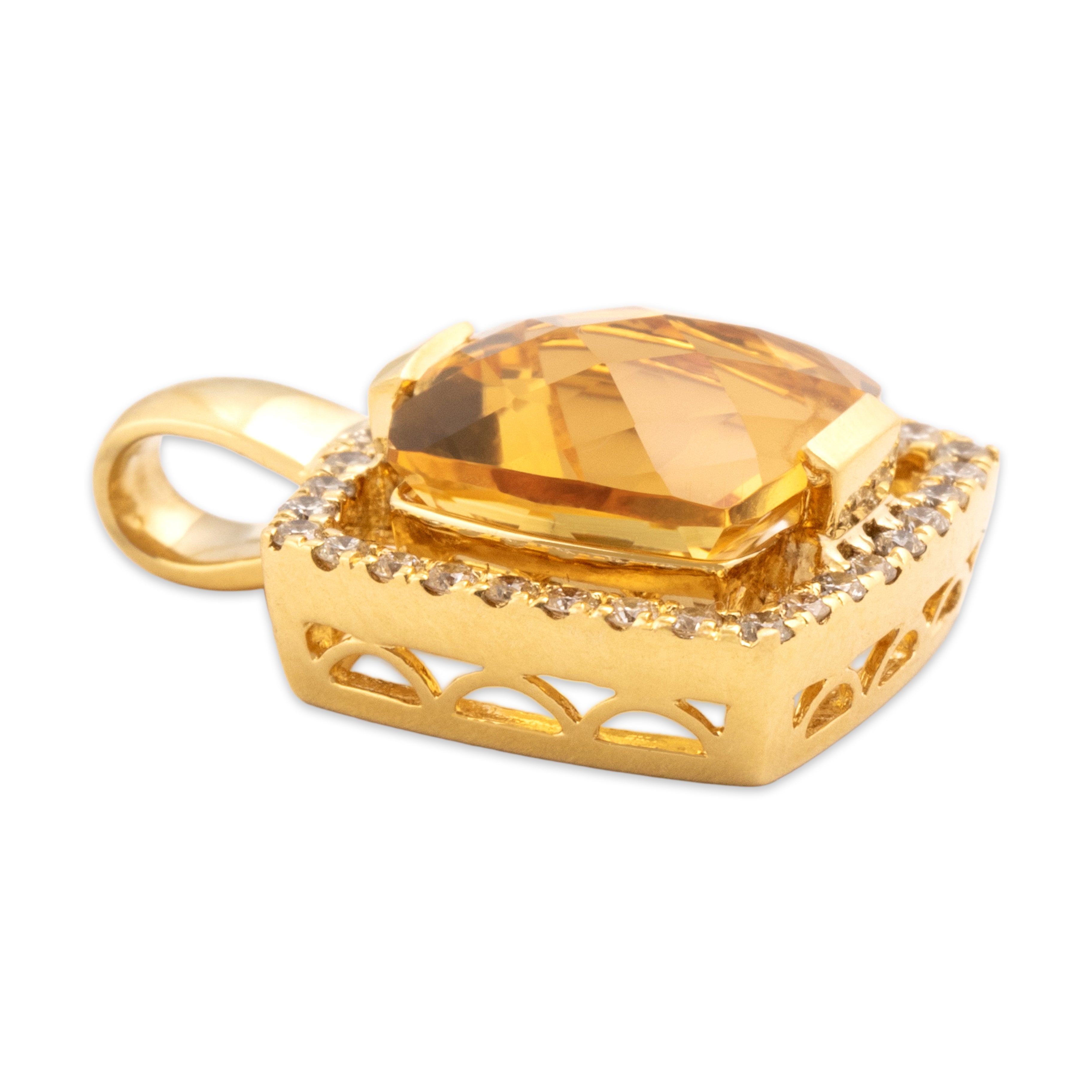 Vintage 18k Yellow Gold 4.47ct Citrine Diamond Framed Checkerboard Cushion Pendant - Side view