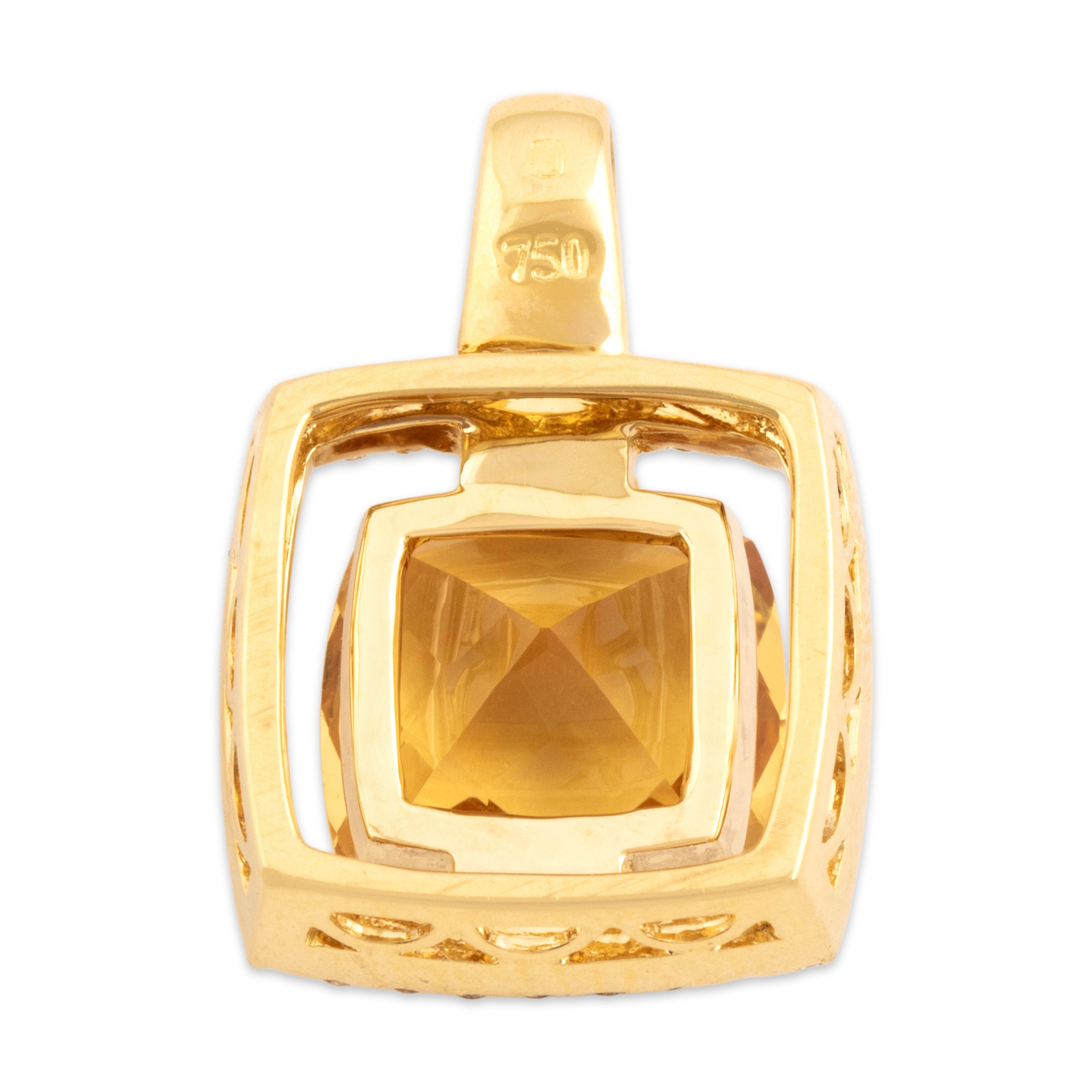 Vintage 18k Yellow Gold 4.47ct Citrine Diamond Framed Checkerboard Cushion Pendant - Back view