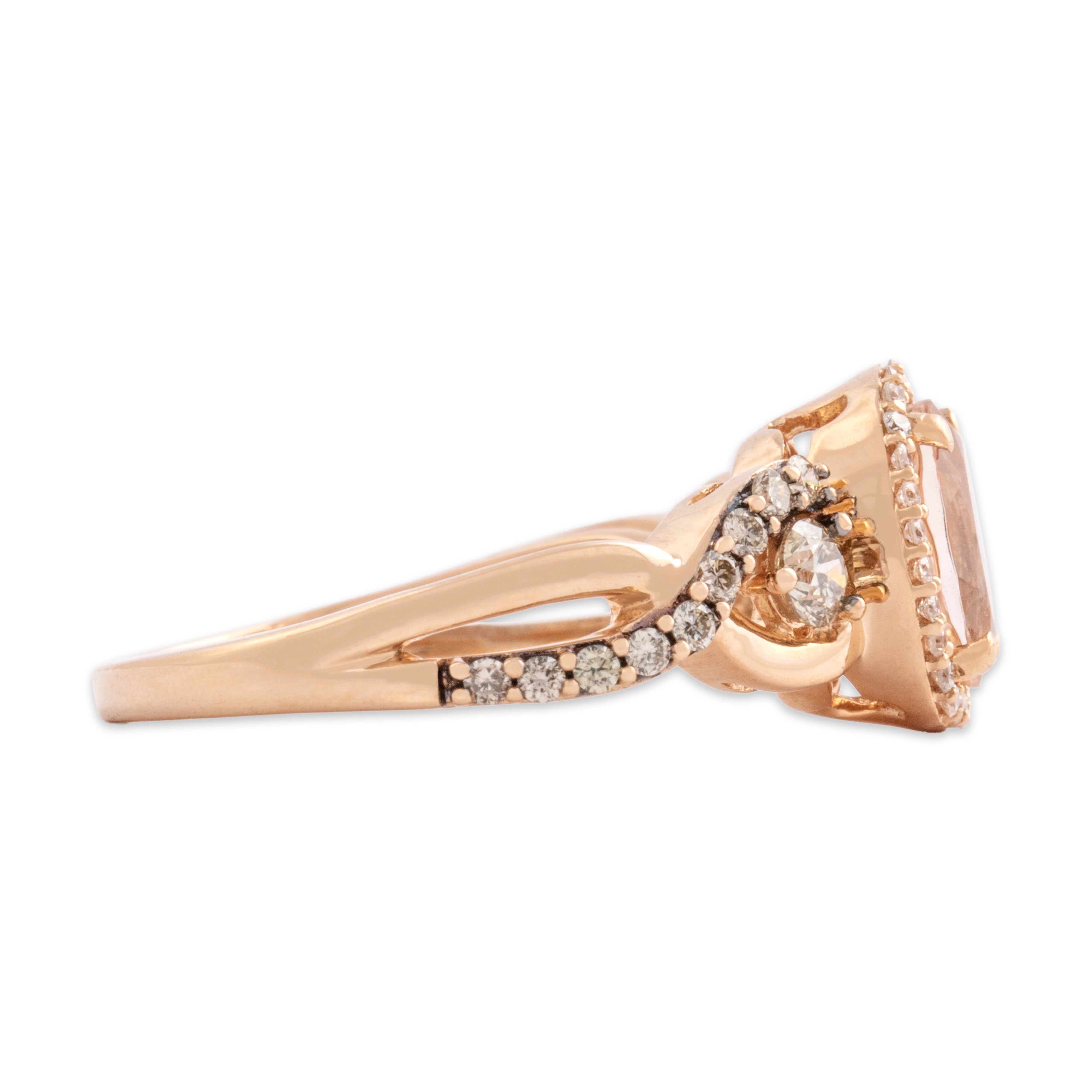 Estate 14k Rosy Yellow Gold .96ct Morganite Champagne Diamond Diamond Lovely Glittering Crossover Halo Ring - Side view