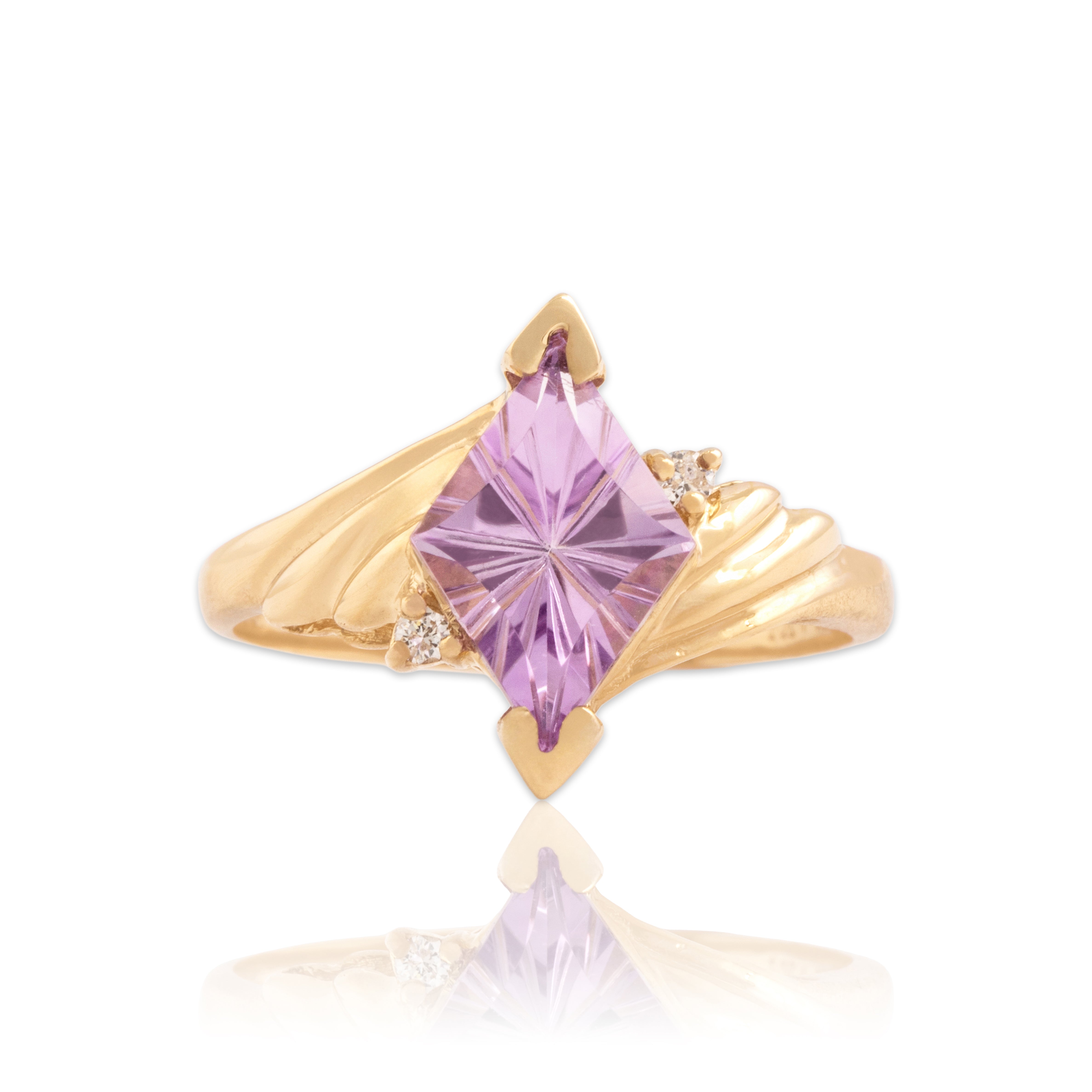Vintage 14k Yellow Gold 1.49ct Amethyst Diamond Starry Fancy-Cut Ribbed Ring 7.75
