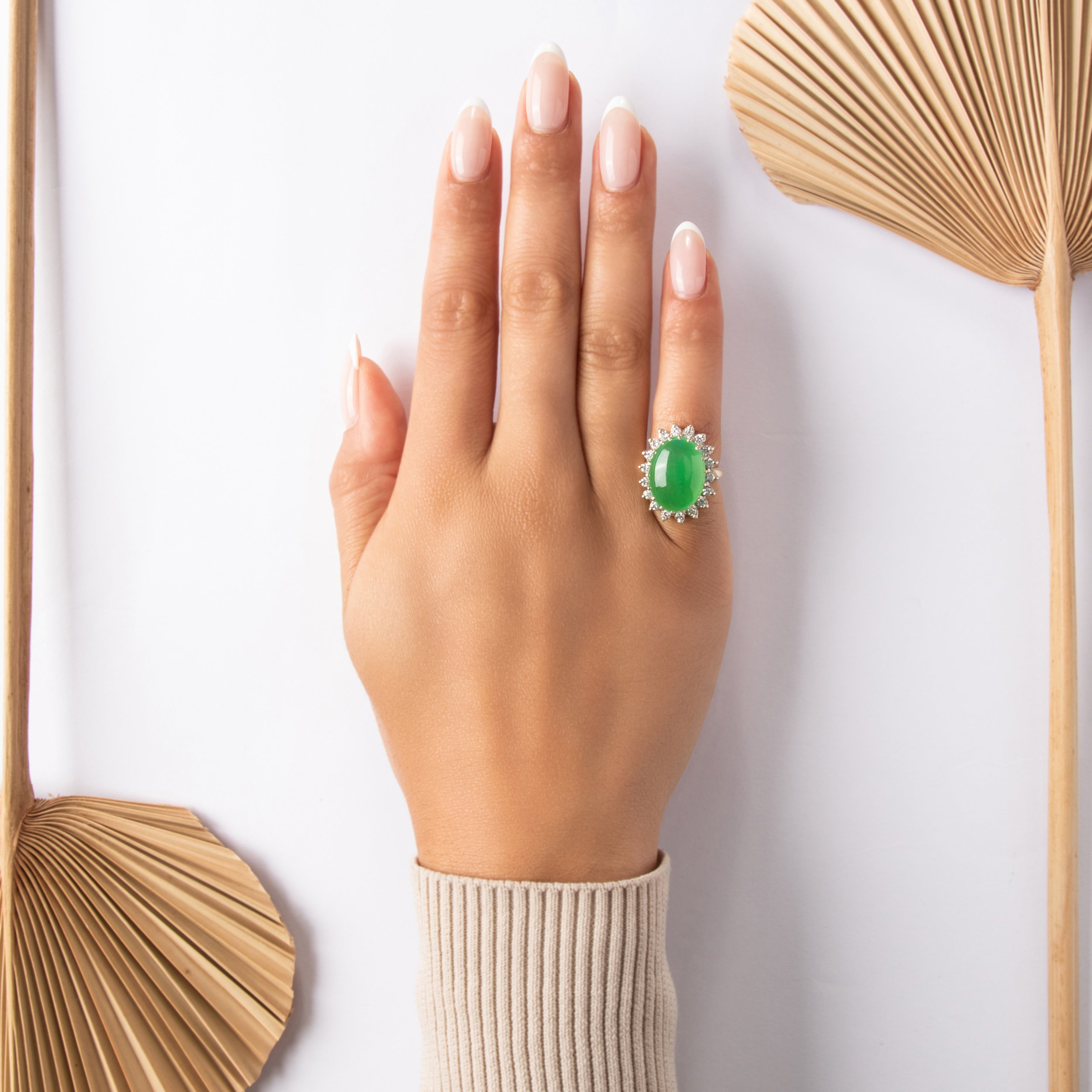 Vintage Large 14k Yellow & White Gold 12.96ct Jade .6cttw Diamond Glittering Halo Cabochon Cocktail Ring - On model view