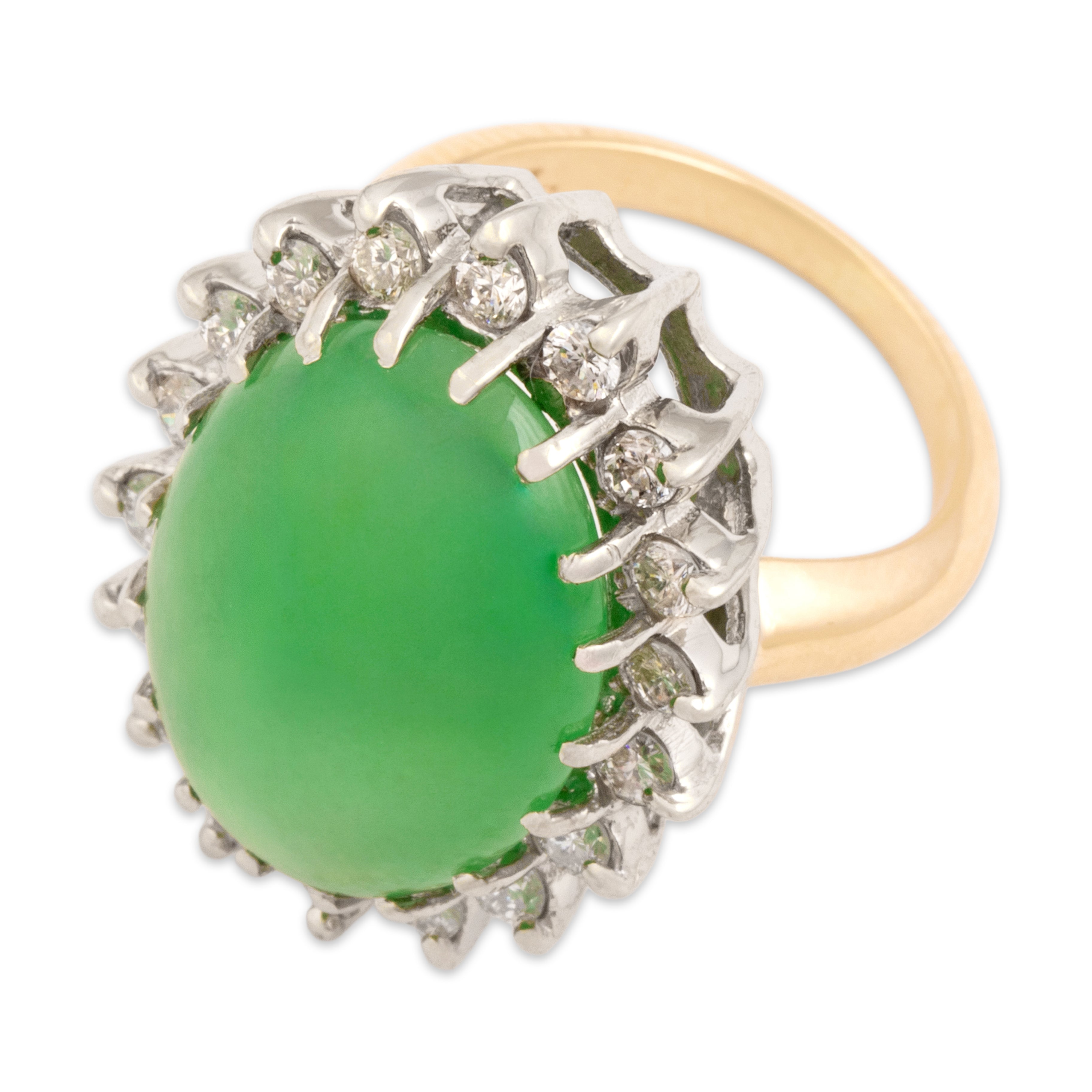 Vintage Large 14k Yellow & White Gold 12.96ct Jade .6cttw Diamond Halo Ring 4.25