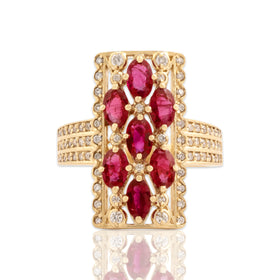 Vintage 14k Yellow Gold 1.26cttw Ruby Diamond Dazzling Scalloped Bar Ring 7.25