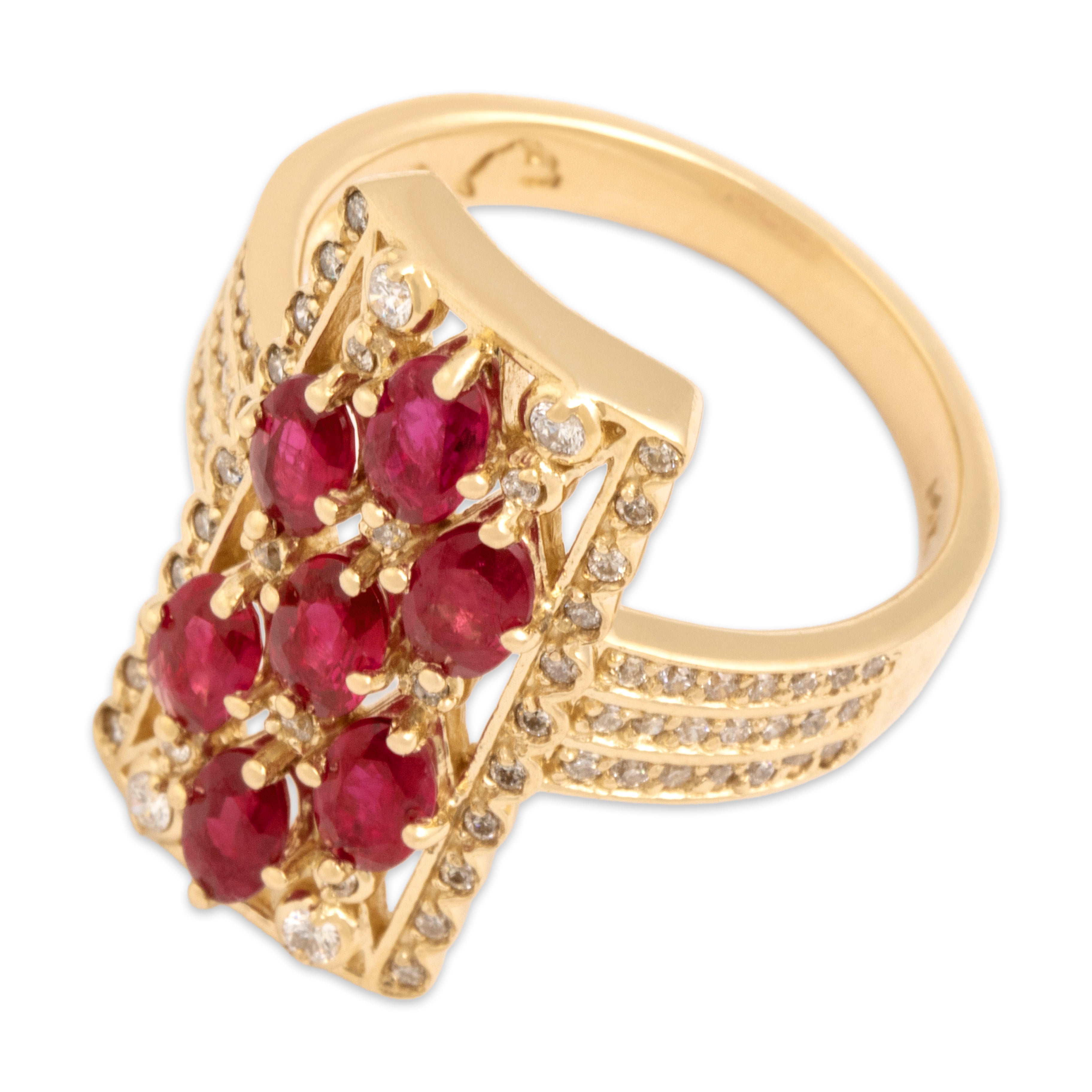 Vintage 14k Yellow Gold 1.26cttw Ruby Diamond Dazzling Scalloped Bar Ring 7.25
