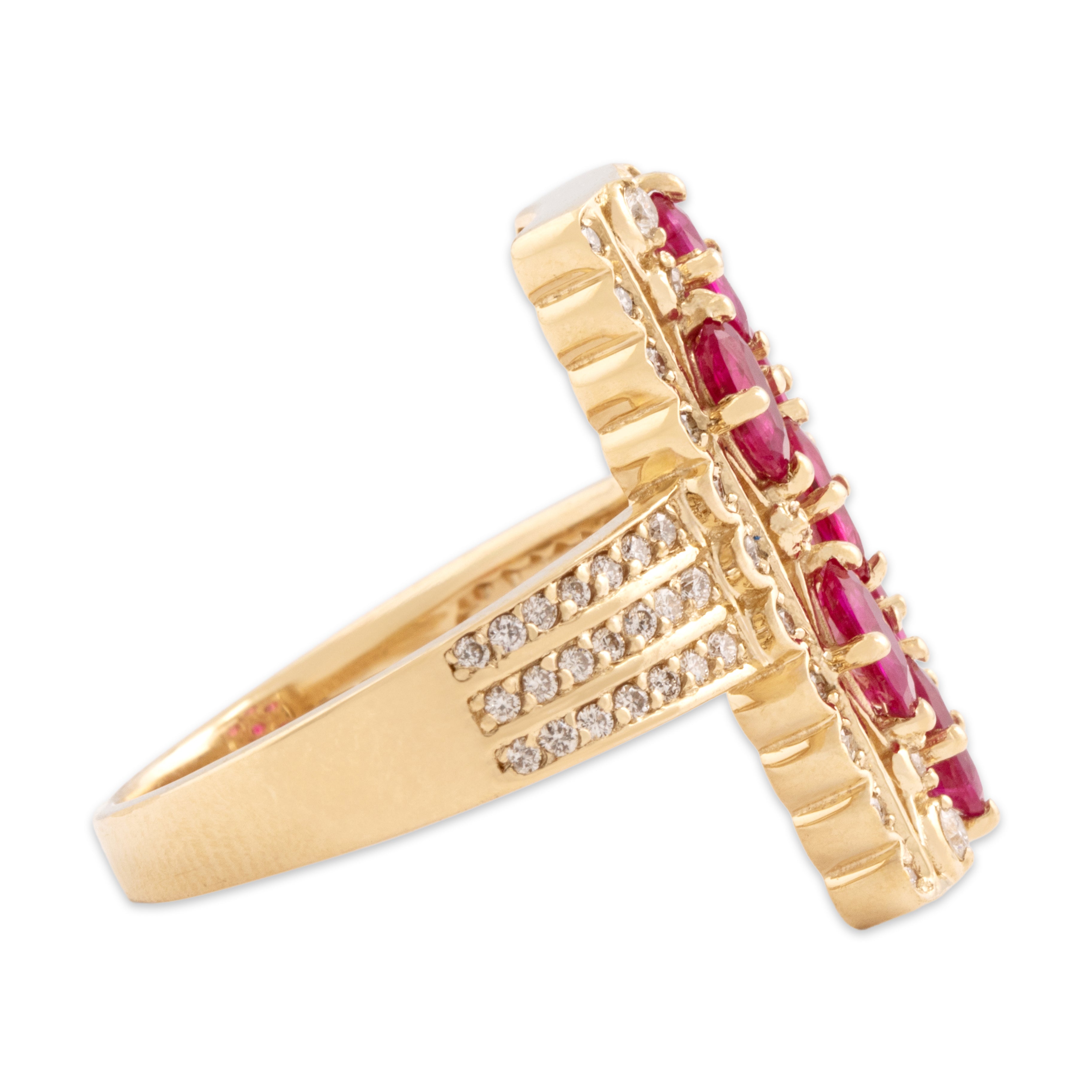 Vintage 14k Yellow Gold 1.26cttw Ruby Diamond Long Scalloped Bar Ring - Side view