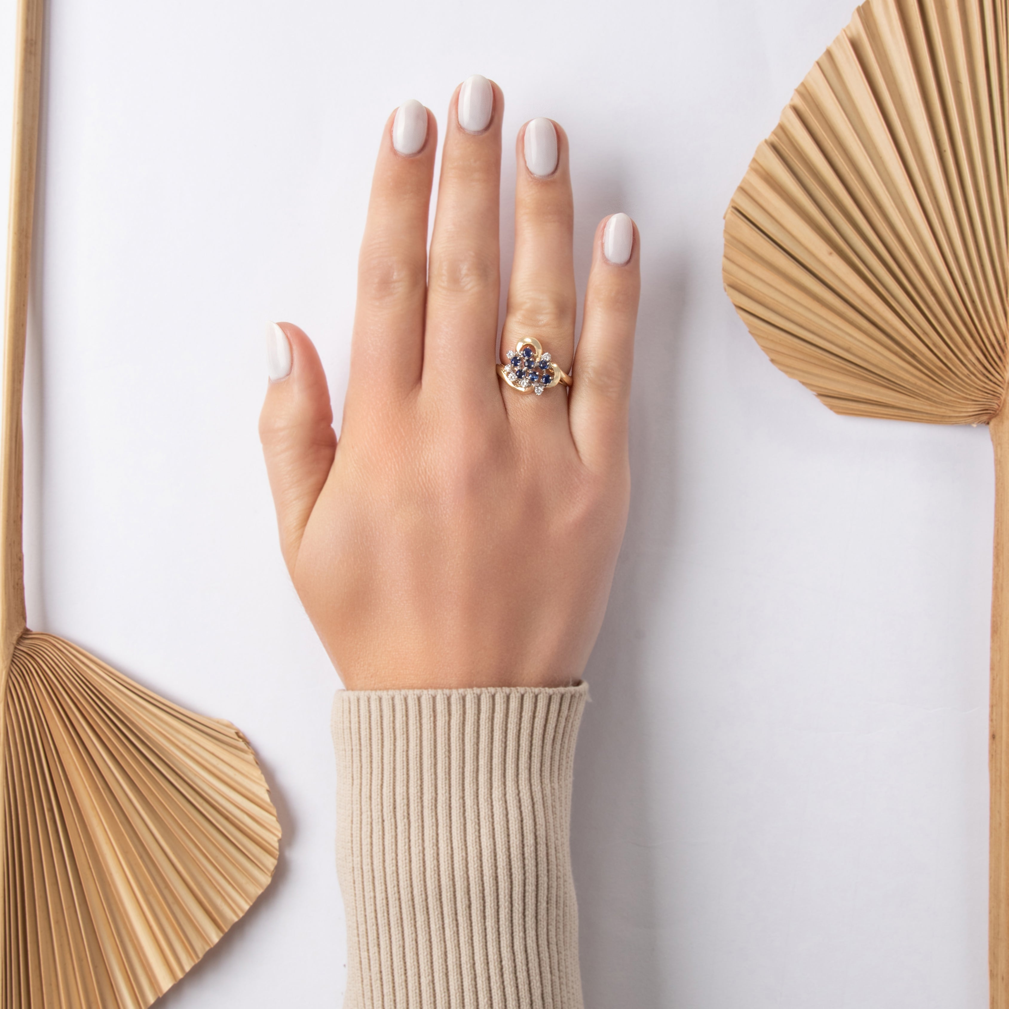 Vintage 14k Yellow & White Gold Blue Sapphire Diamond Swirling Stacked Cluster Ring - On model view