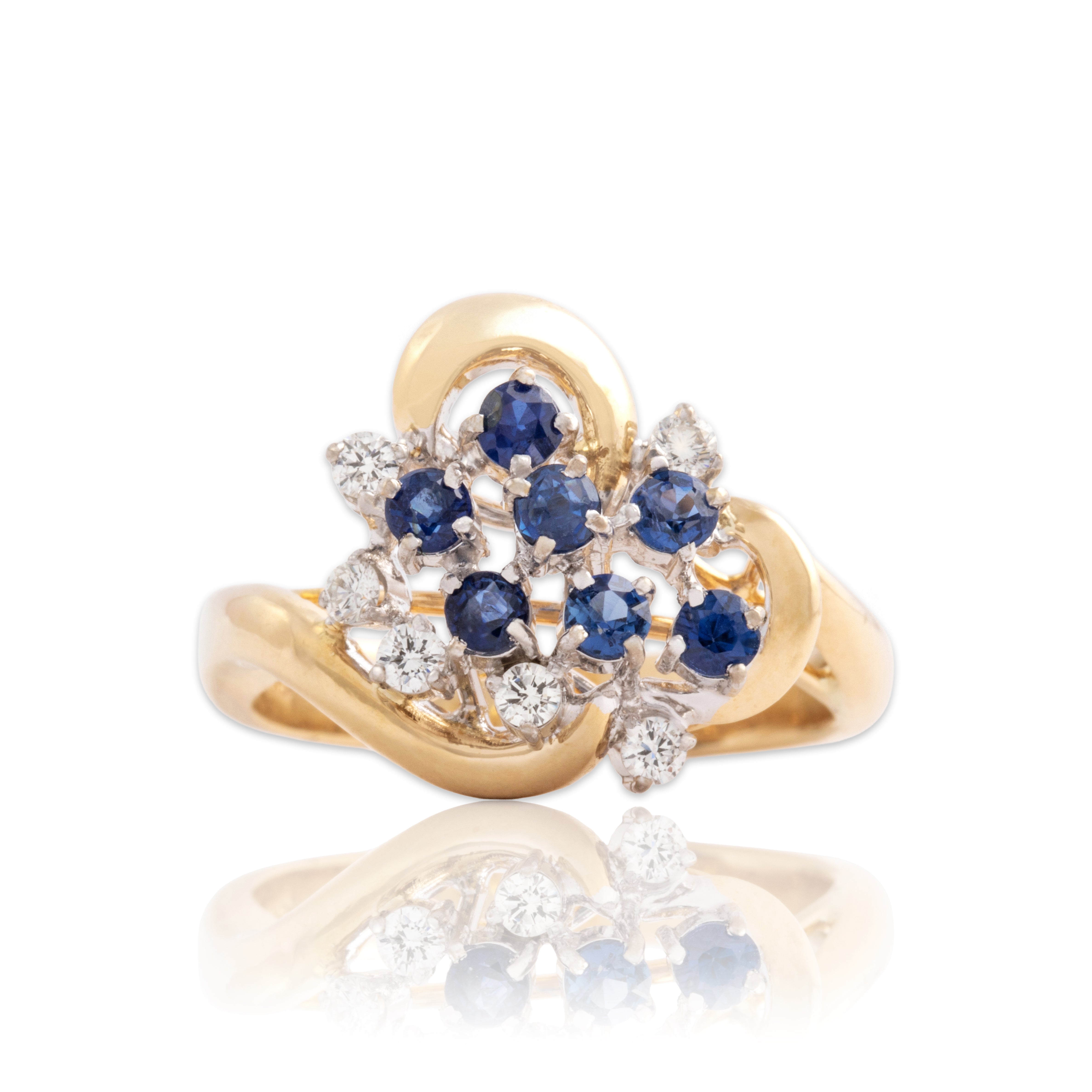 Vintage 14k Yellow & White Gold Blue Sapphire Diamond Swirling Stacked Cluster Ring - Close-up view