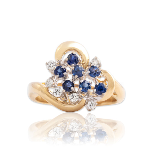 Vintage 14k Yellow & White Gold Blue Sapphire Diamond Swirling Stacked Cluster Ring - Close-up view