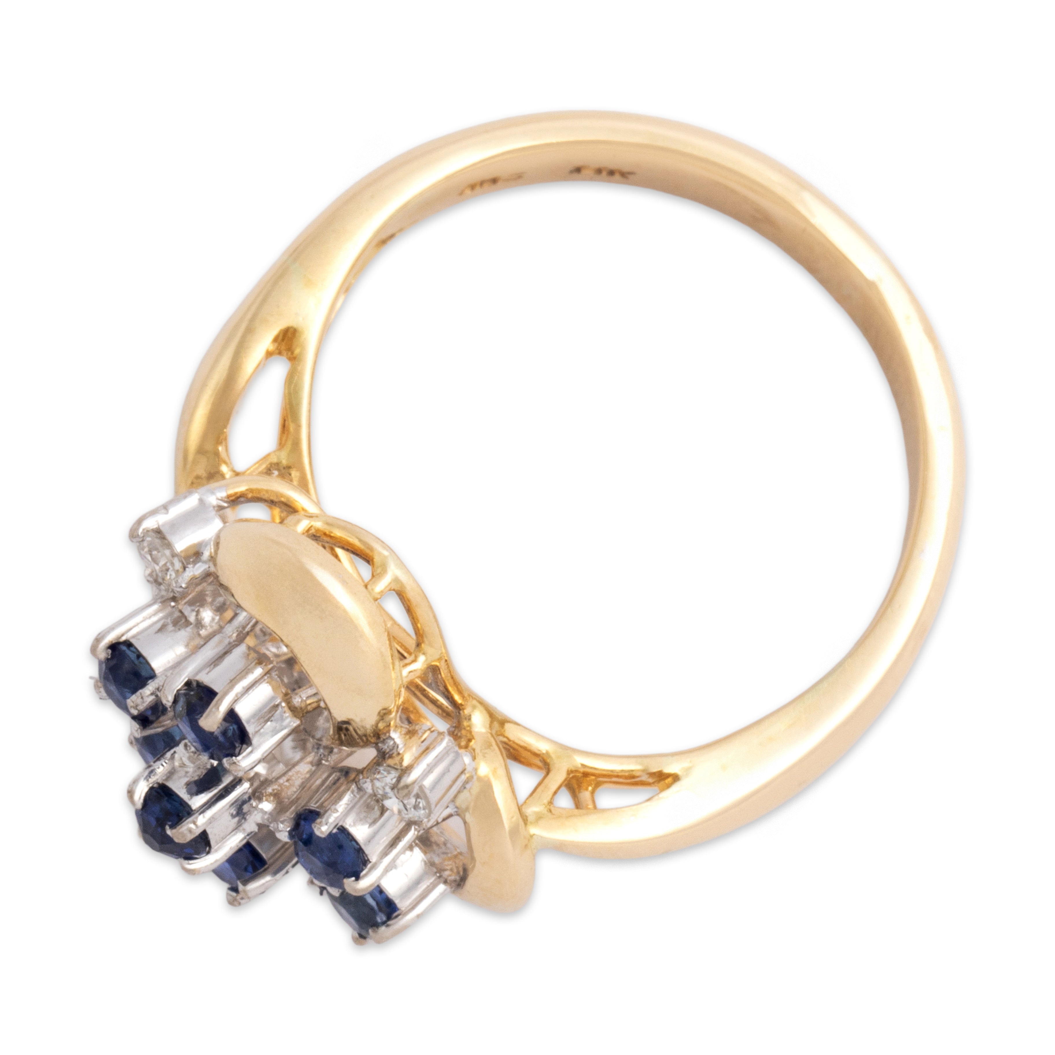 Vintage 14k Yellow & White Gold Blue Sapphire Diamond Swirling Stacked Cluster Ring - Overall view