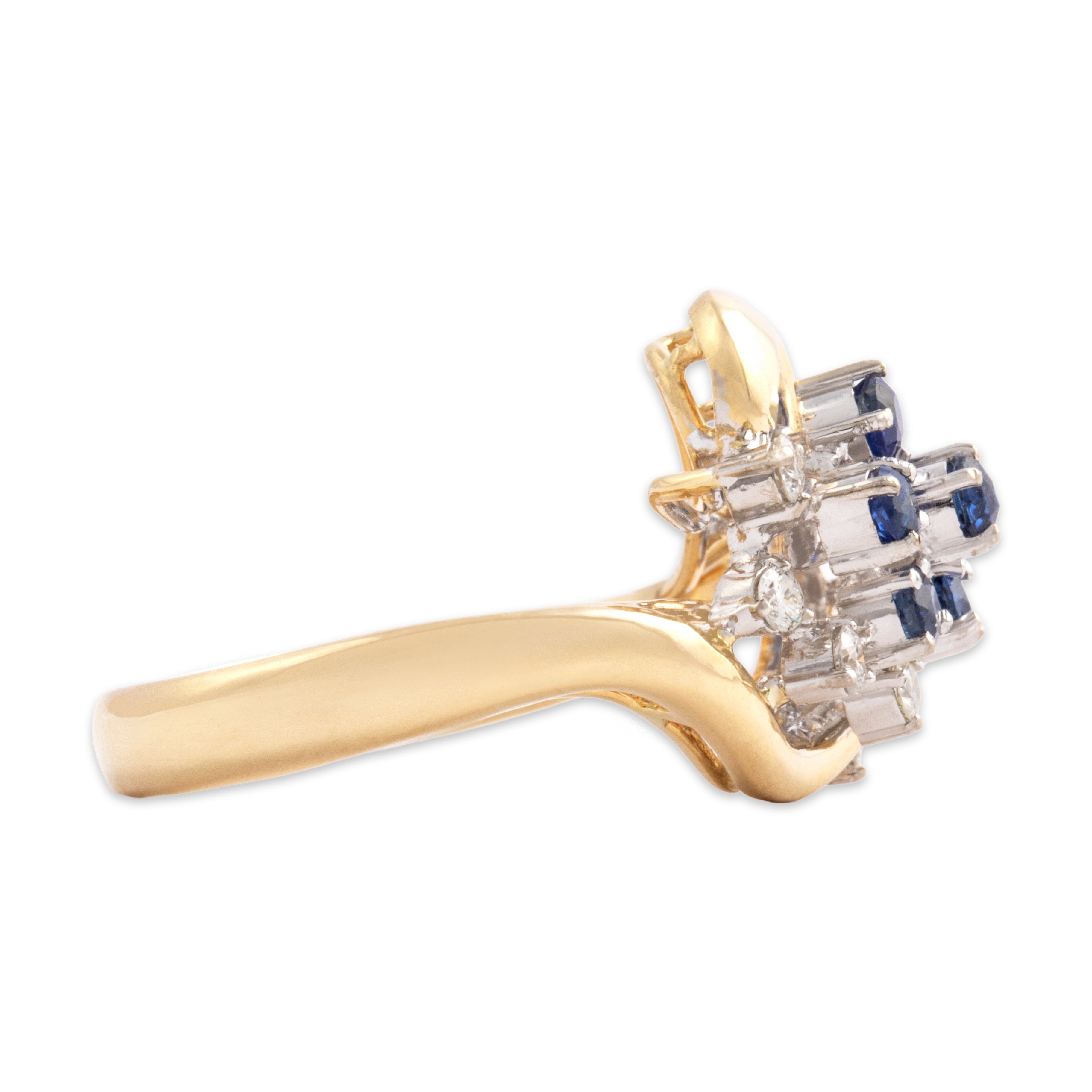 Vintage 14k Yellow & White Gold Blue Sapphire Diamond Swirling Stacked Cluster Ring - Side view