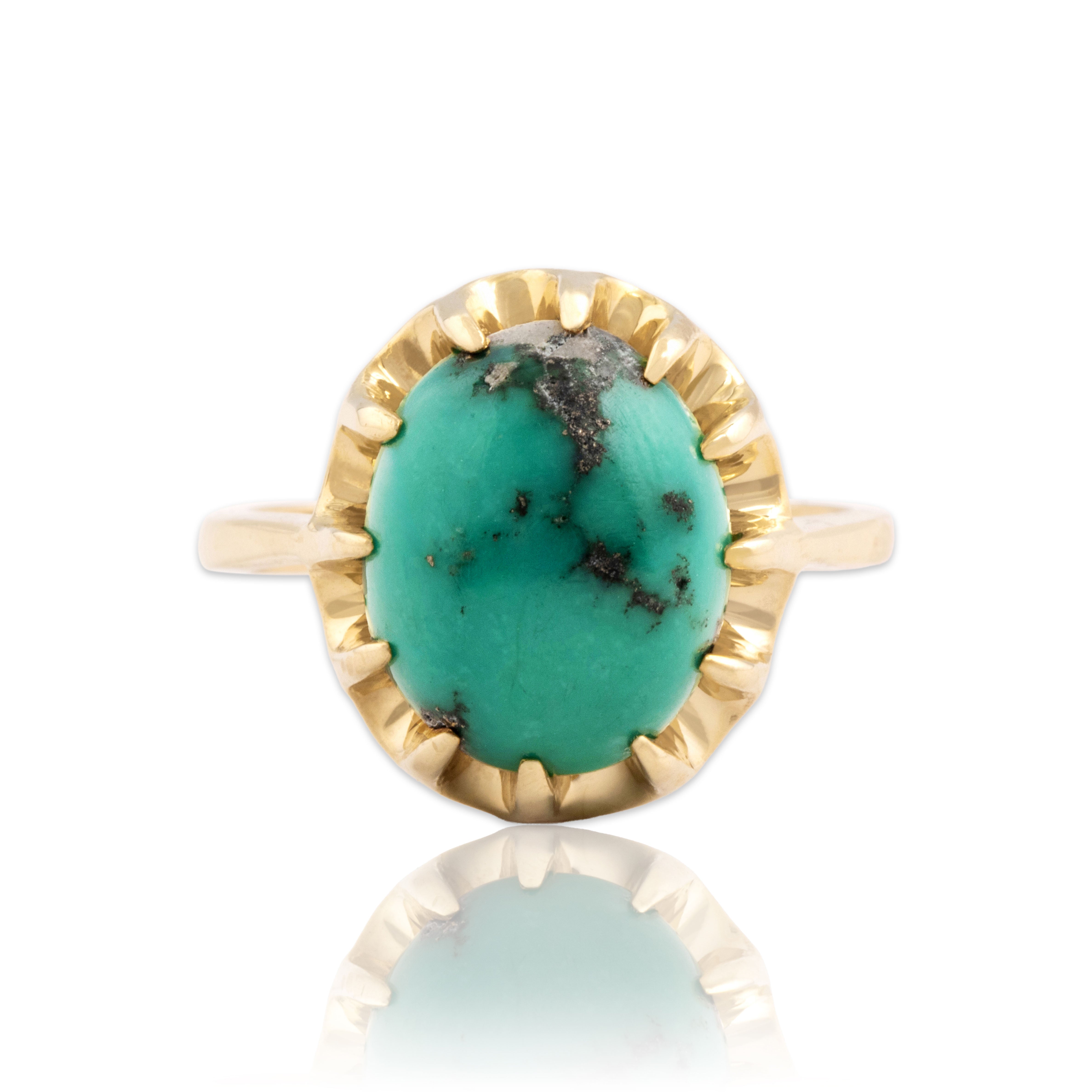 Vintage 14k Yellow Gold 4.18ct Turquoise Buttercup-Set Cabochon Ring 6.00
