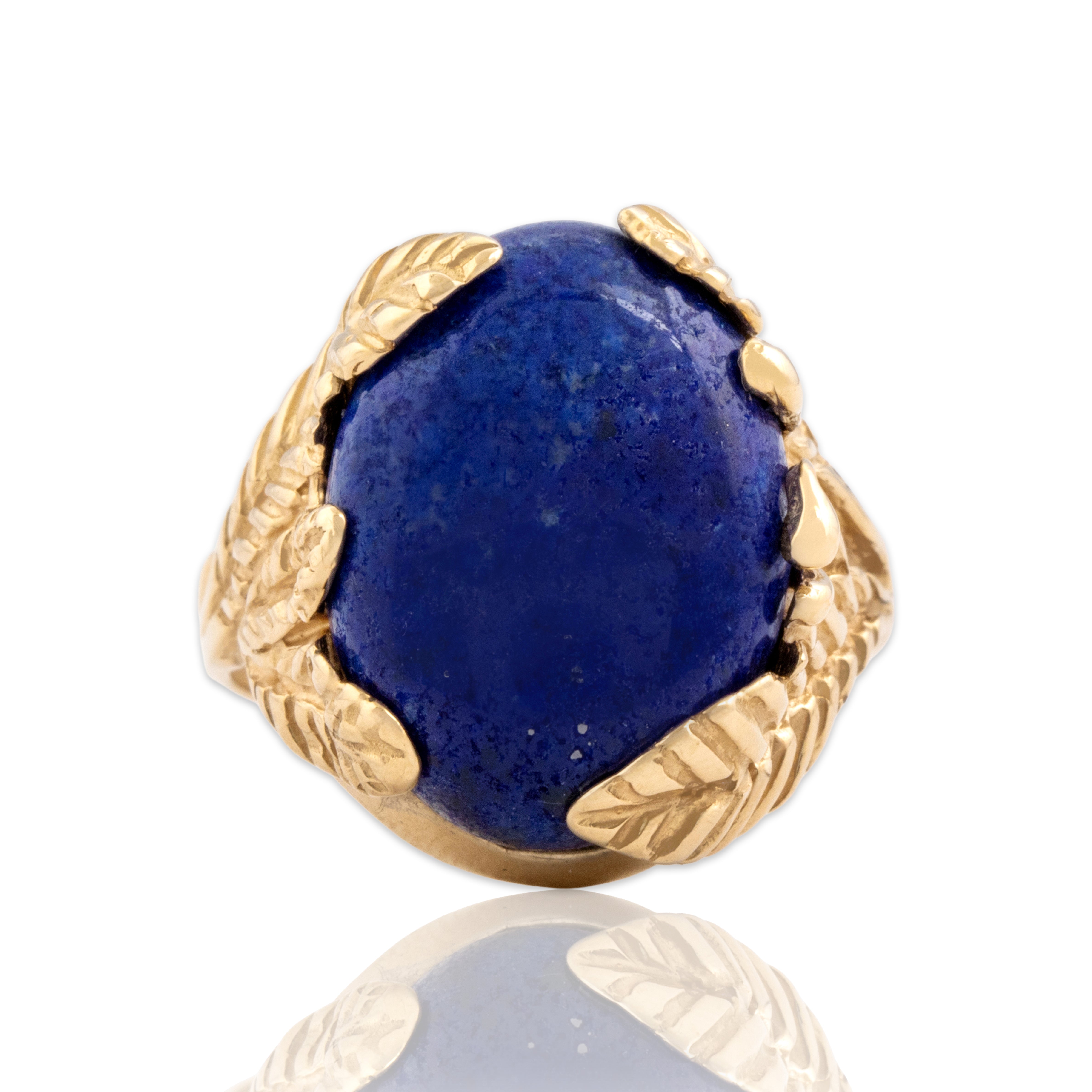 Vintage Large 14k Yellow Gold 7.59ct Lapis Lazuli Feathery Cabochon Ring 7.25