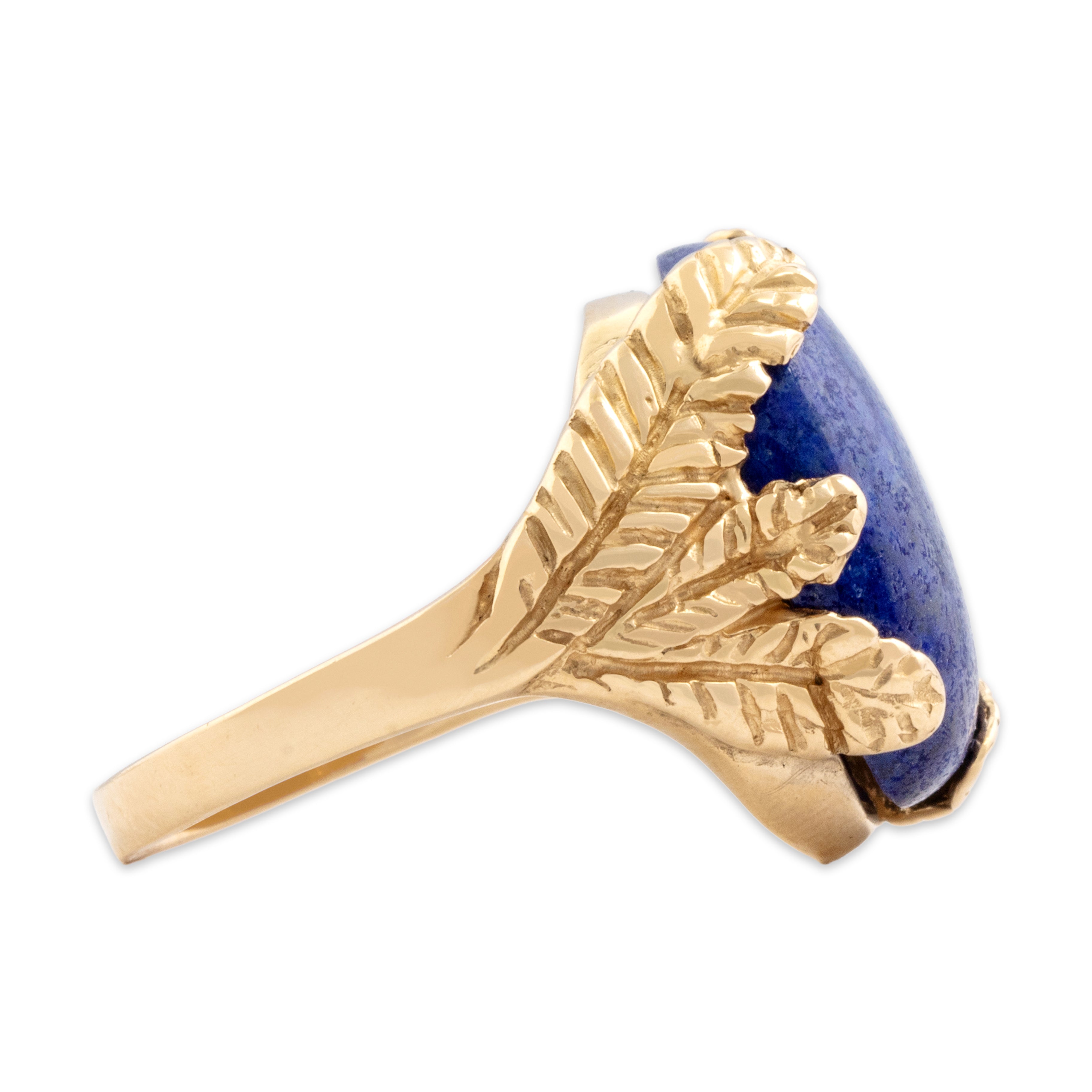 Vintage Large 14k Yellow Gold 7.59ct Lapis Lazuli Feathery Cabochon Ring 7.25