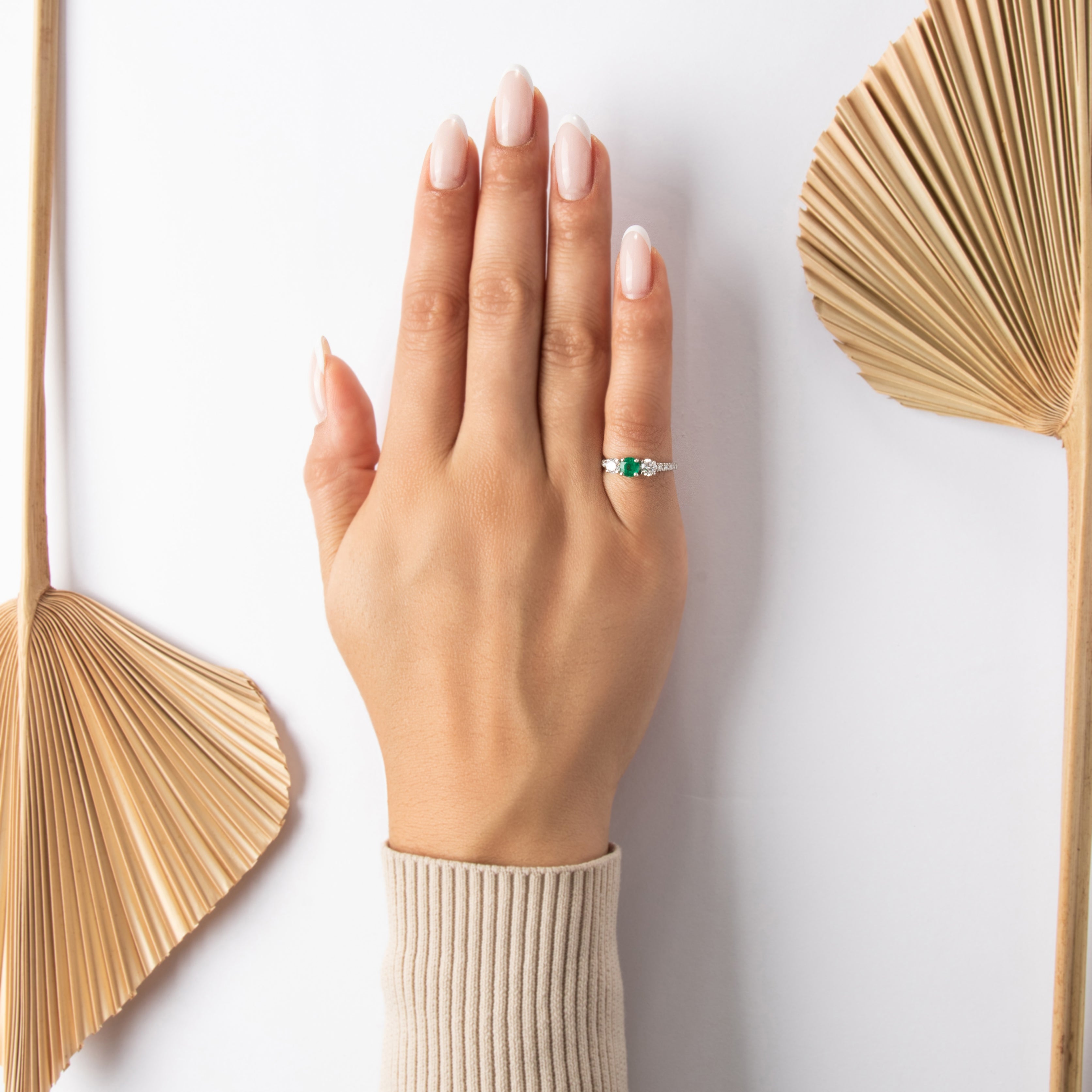 Vintage 14k White Gold Emerald .58cttw Diamond Glittering Superb Trio Ring - On model view