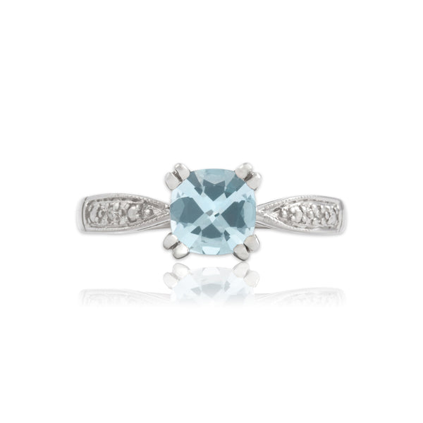 Vintage 14k White Gold .83ct Aquamarine Diamond Lovely Square Cushion Ring 6.75