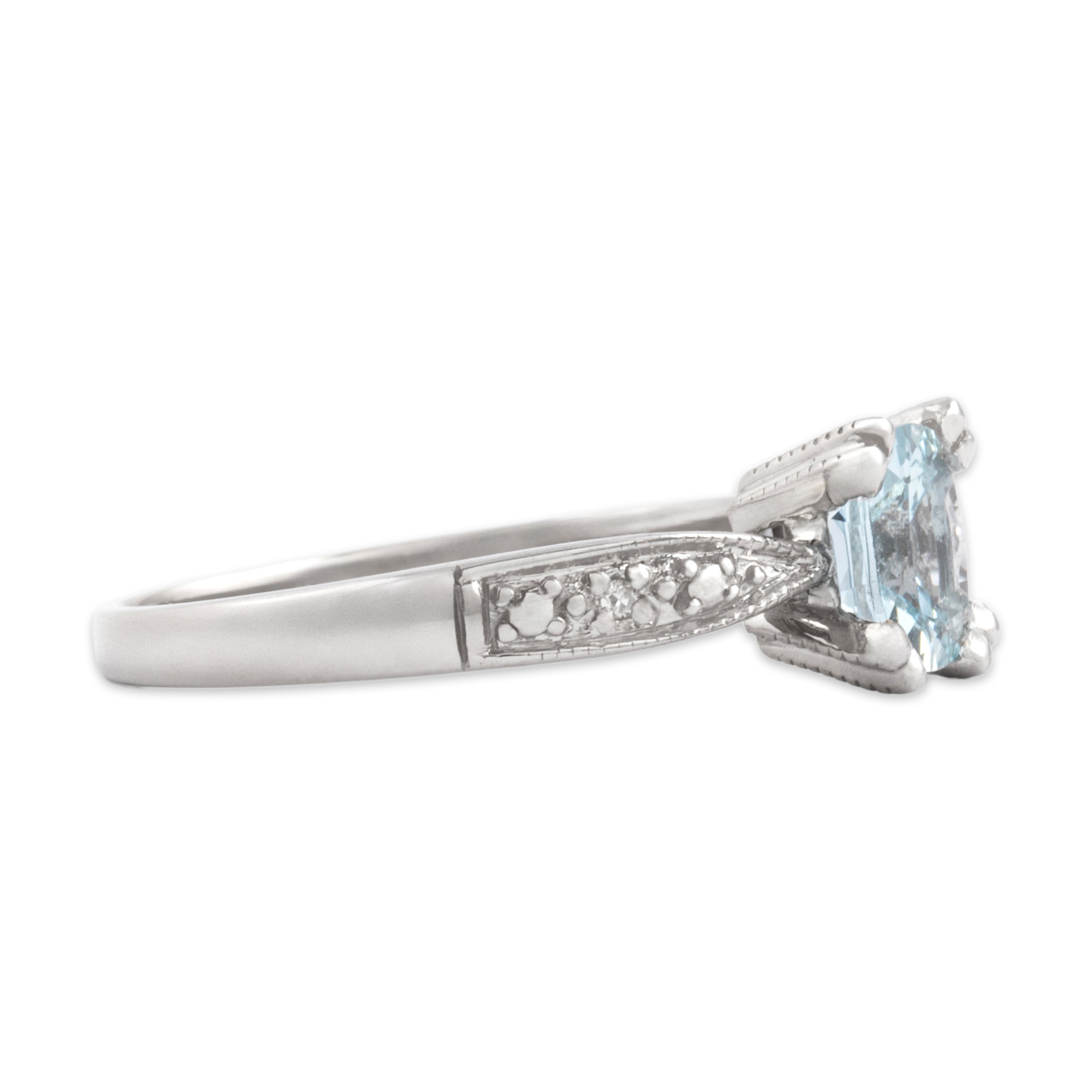Vintage 14k White Gold .83ct Aquamarine Diamond Lovely Square Cushion Pinched Shoulder Ring - Side view