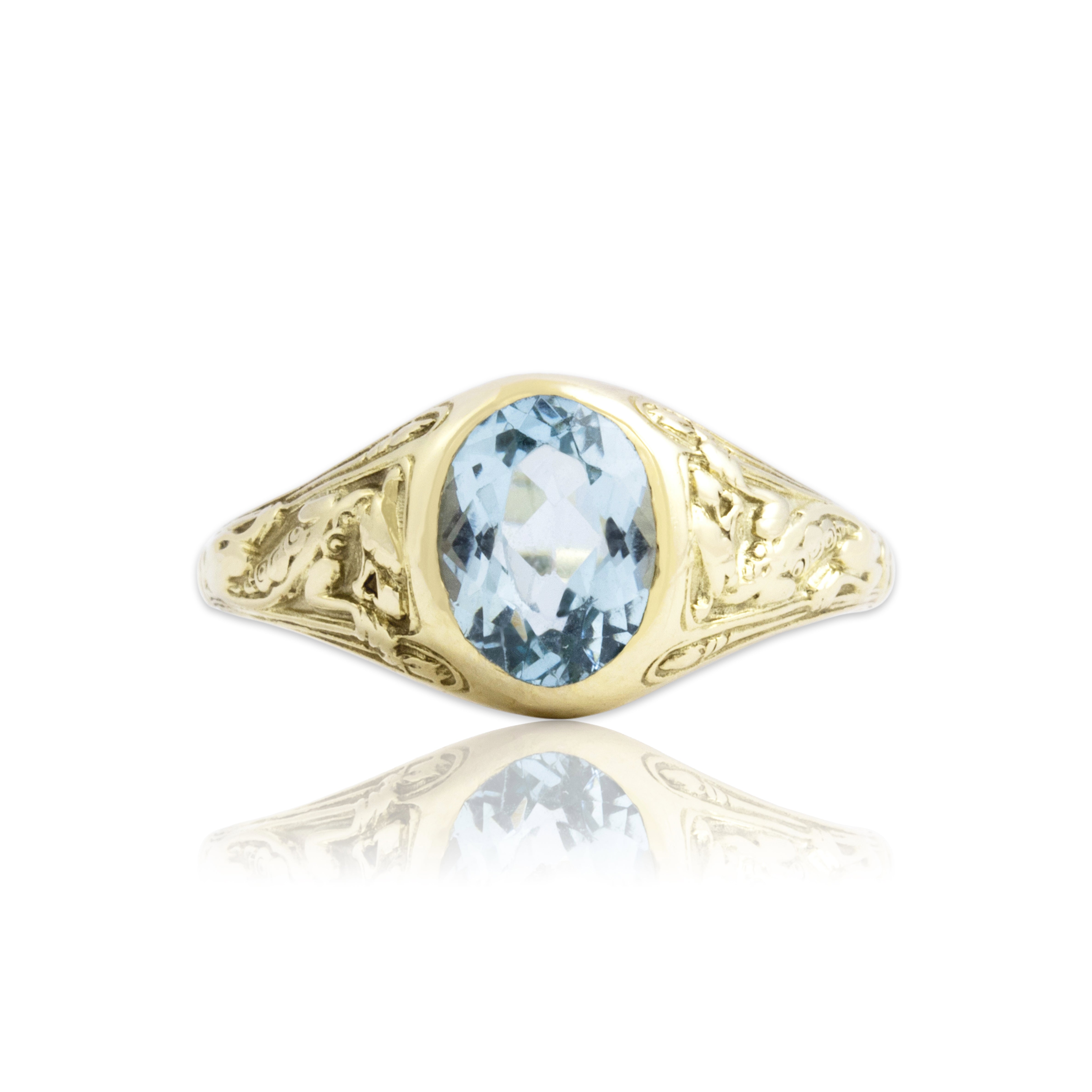 Antique 14k Yellow Gold 1.07ct Aquamarine Crawling Dragon Bezel-Set Ring 6.50