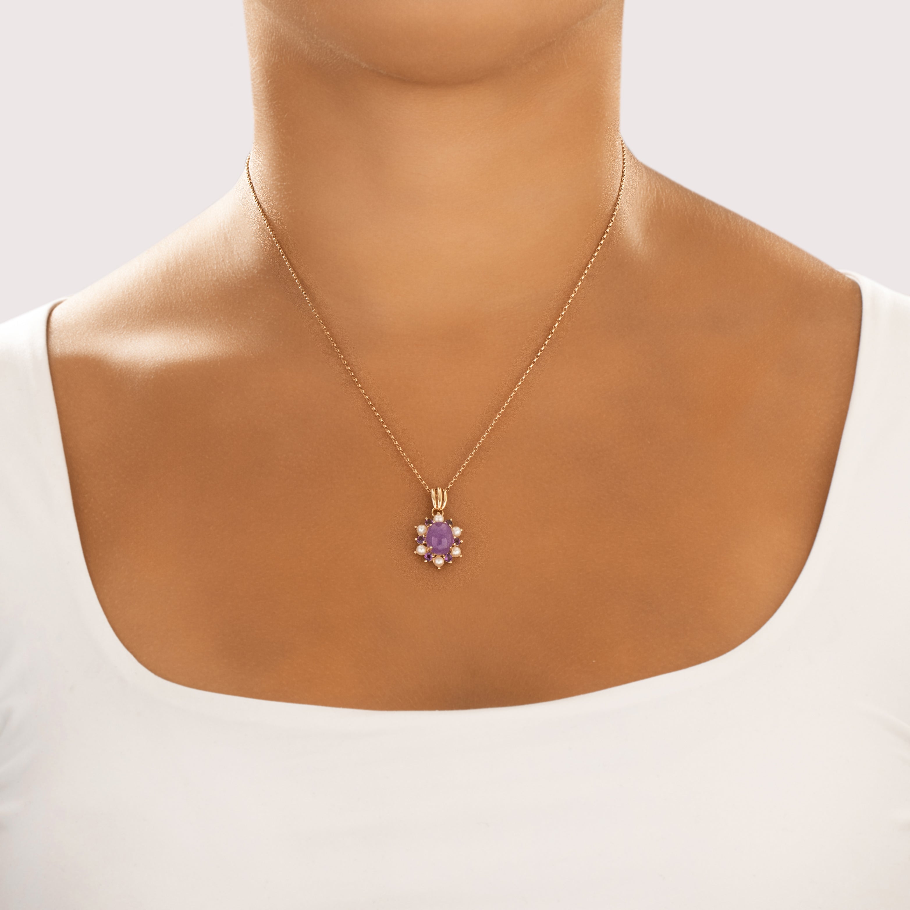 Vintage 14k Yellow Gold 2.9ct Lavender Jade Amethyst Pearl Fabulous Burst Halo Cabochon Pendant - On model view