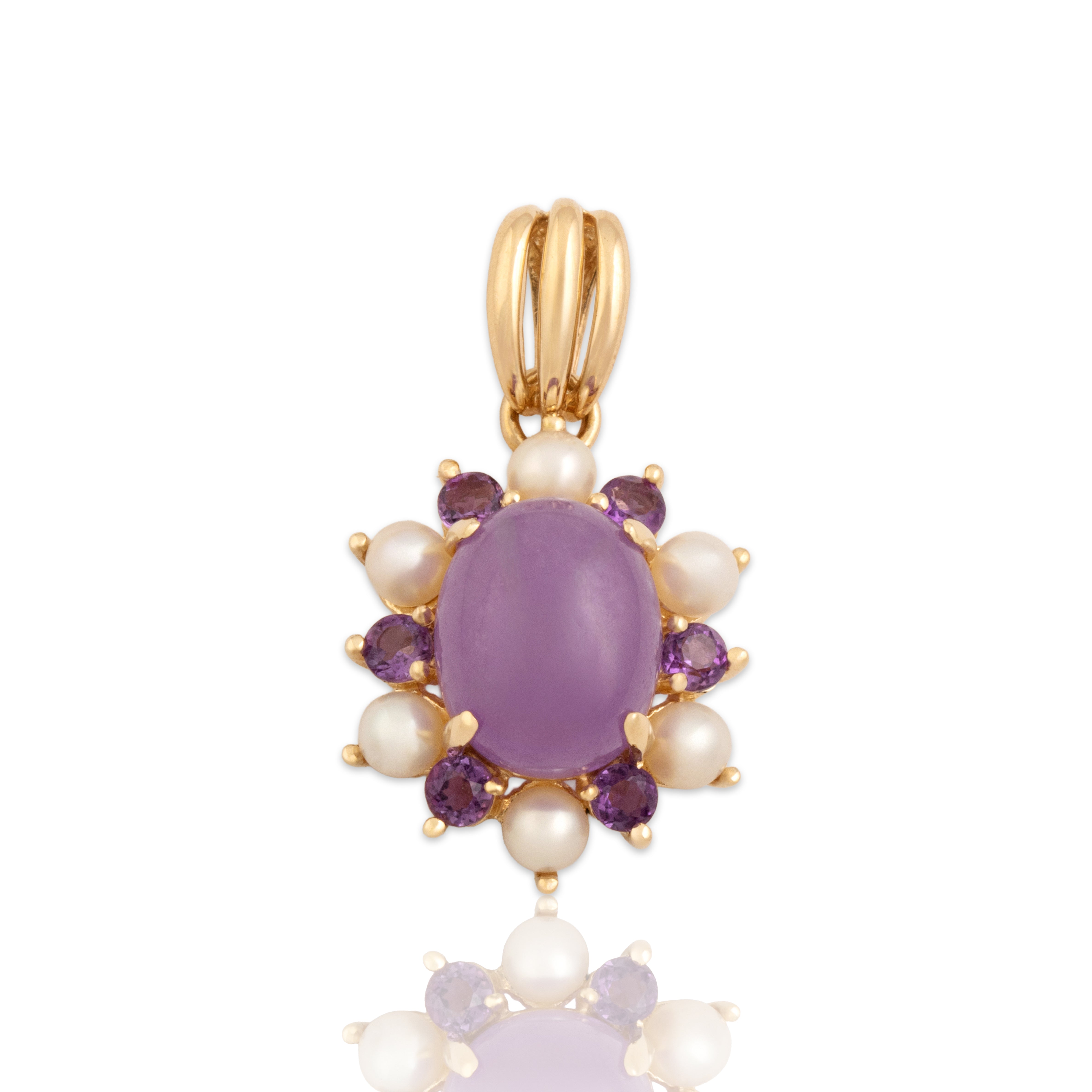 Vintage 14k Yellow Gold 2.9ct Lavender Jade Amethyst Pearl Fabulous Burst Halo Cabochon Pendant - Close-up view