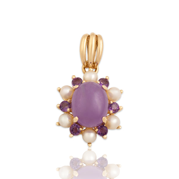 Vintage 14k Yellow Gold 2.9ct Lavender Jade Amethyst Pearl Halo Cabochon Pendant