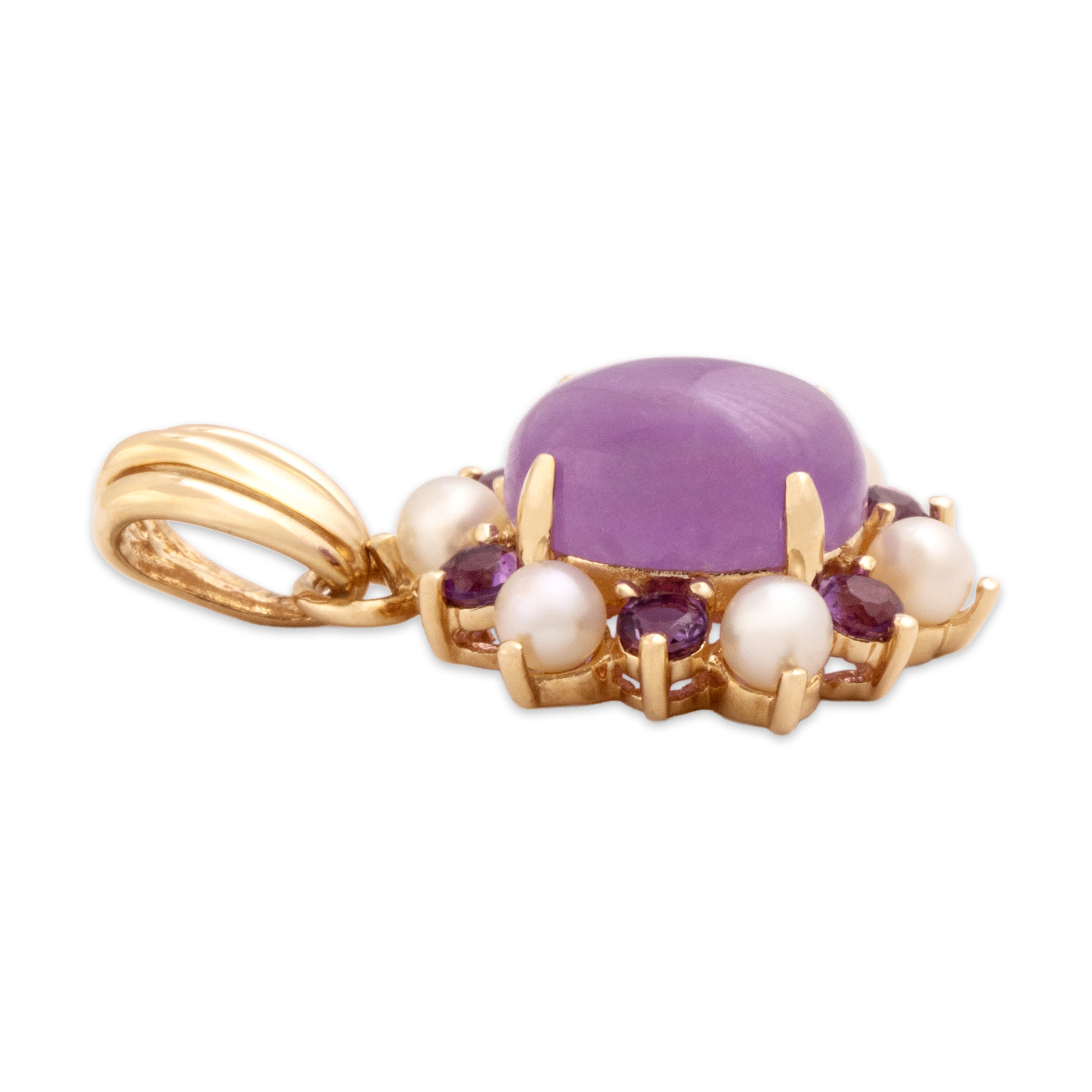 Vintage 14k Yellow Gold 2.9ct Lavender Jade Amethyst Pearl Fabulous Burst Halo Cabochon Pendant - Side view