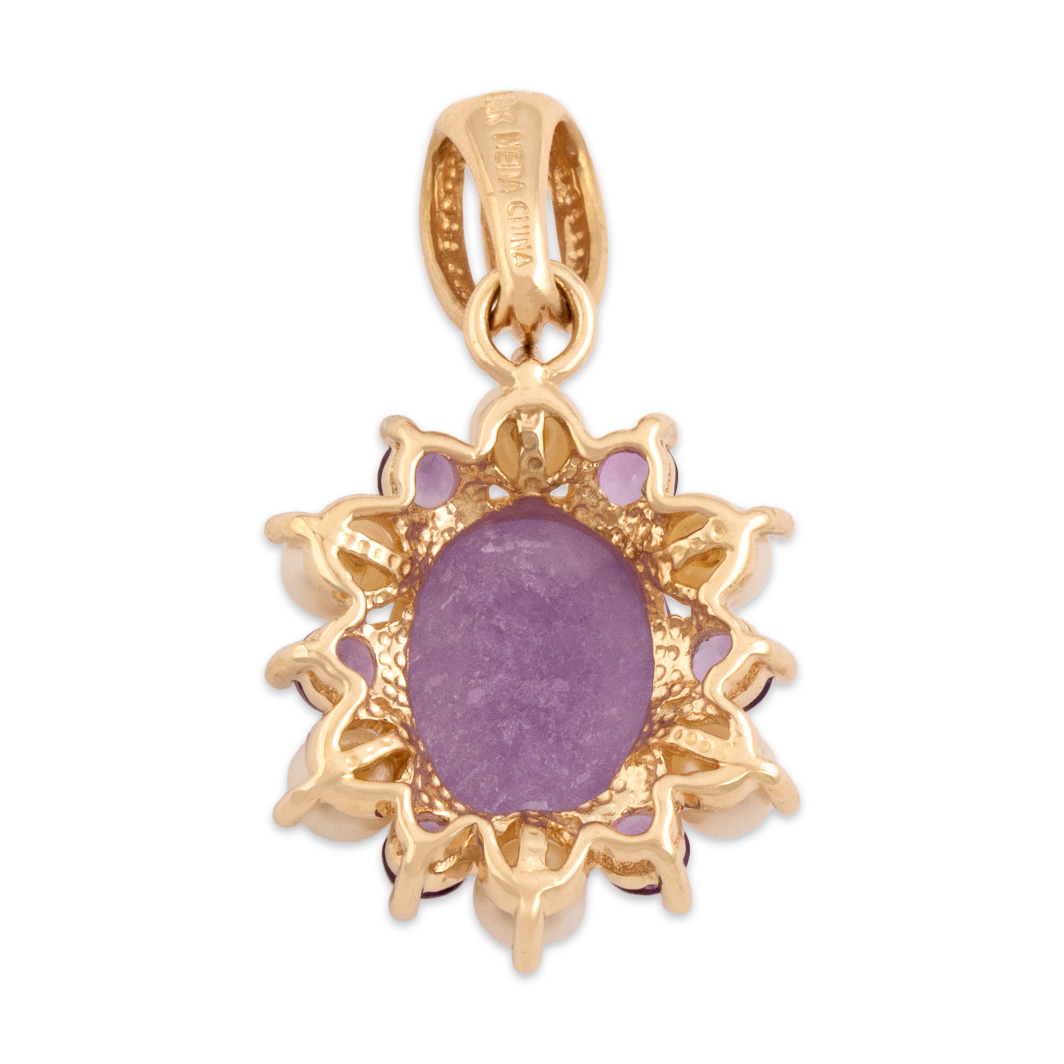 Vintage 14k Yellow Gold 2.9ct Lavender Jade Amethyst Pearl Fabulous Burst Halo Cabochon Pendant - Back view