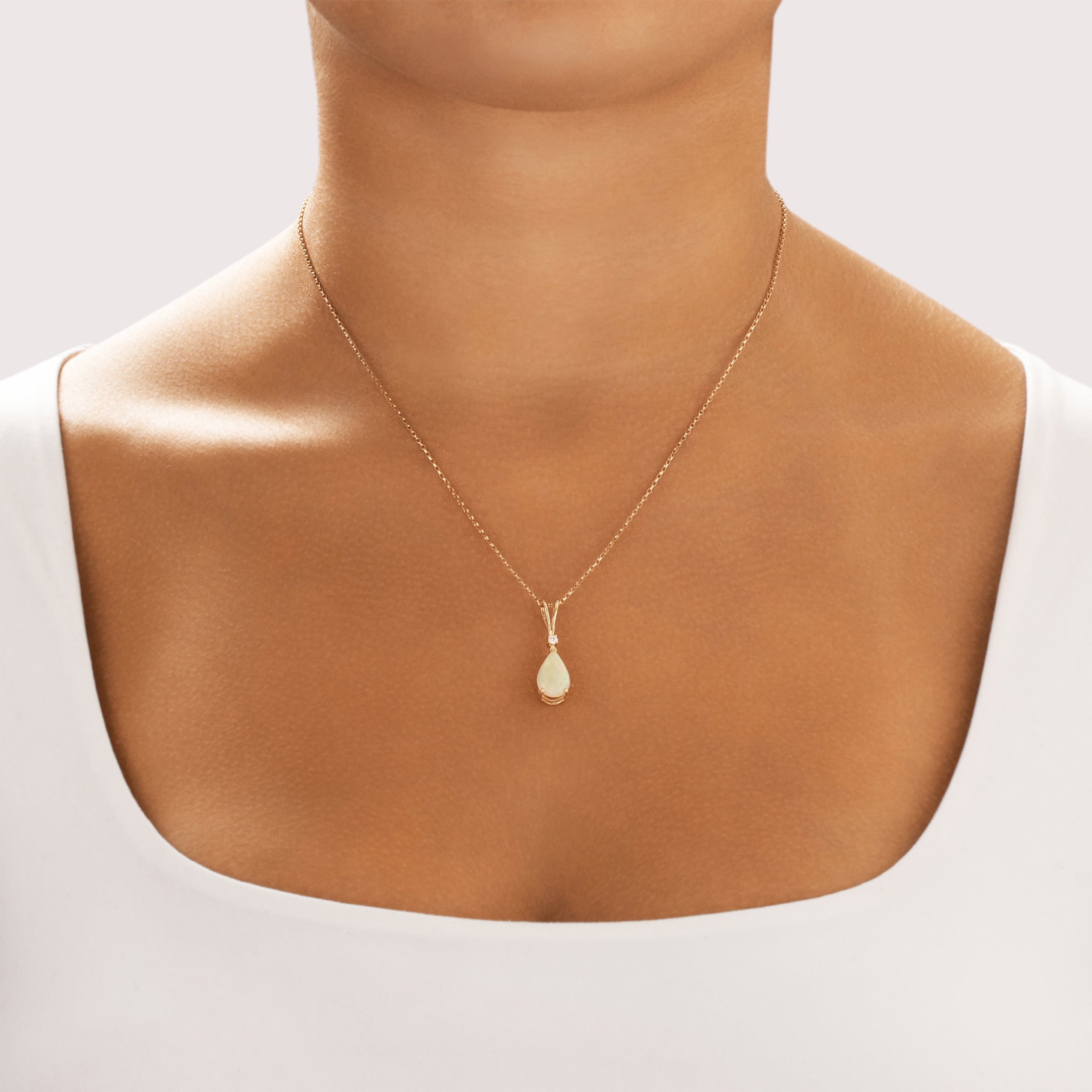 Vintage 14k Yellow Gold 1.41ct Opal Diamond Elegant Split Bail Drop Pendant - On model view