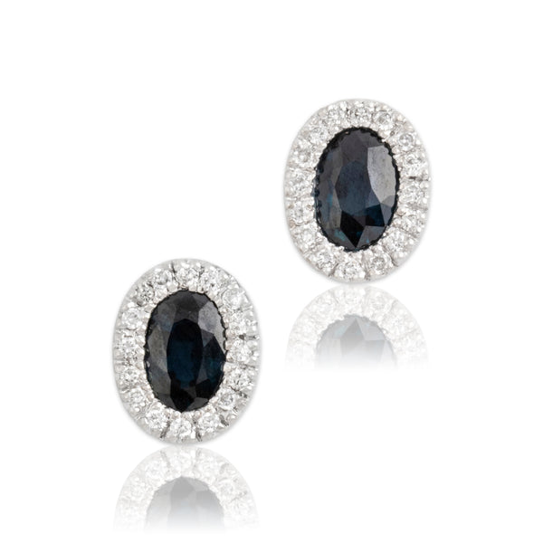 Vintage 14k White Gold 1.0cttw Blue Sapphire Diamond Elegant Oval Stud Earrings