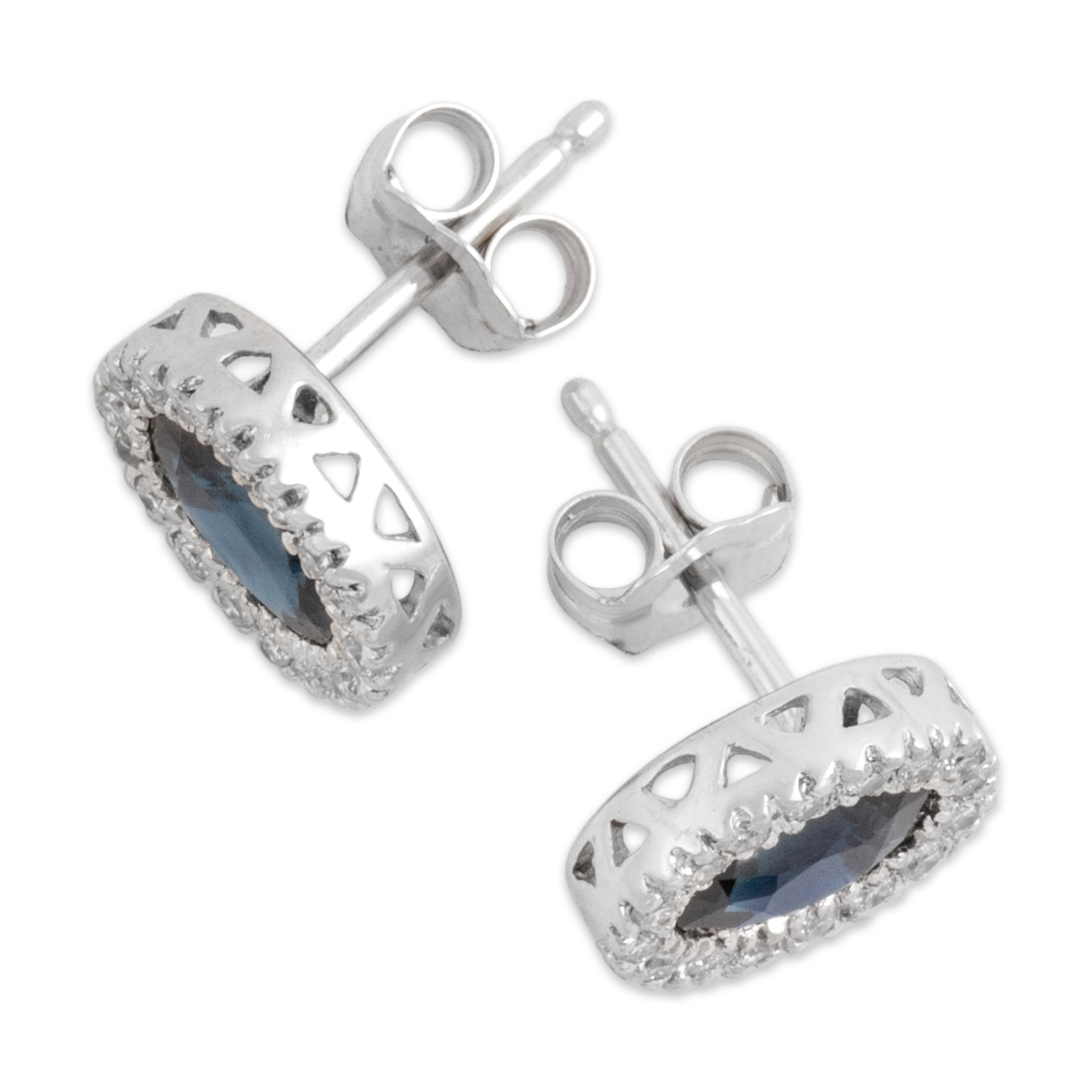 Vintage 14k White Gold 1.0cttw Blue Sapphire Diamond Elegant Oval Halo Stud Earrings - Overall view