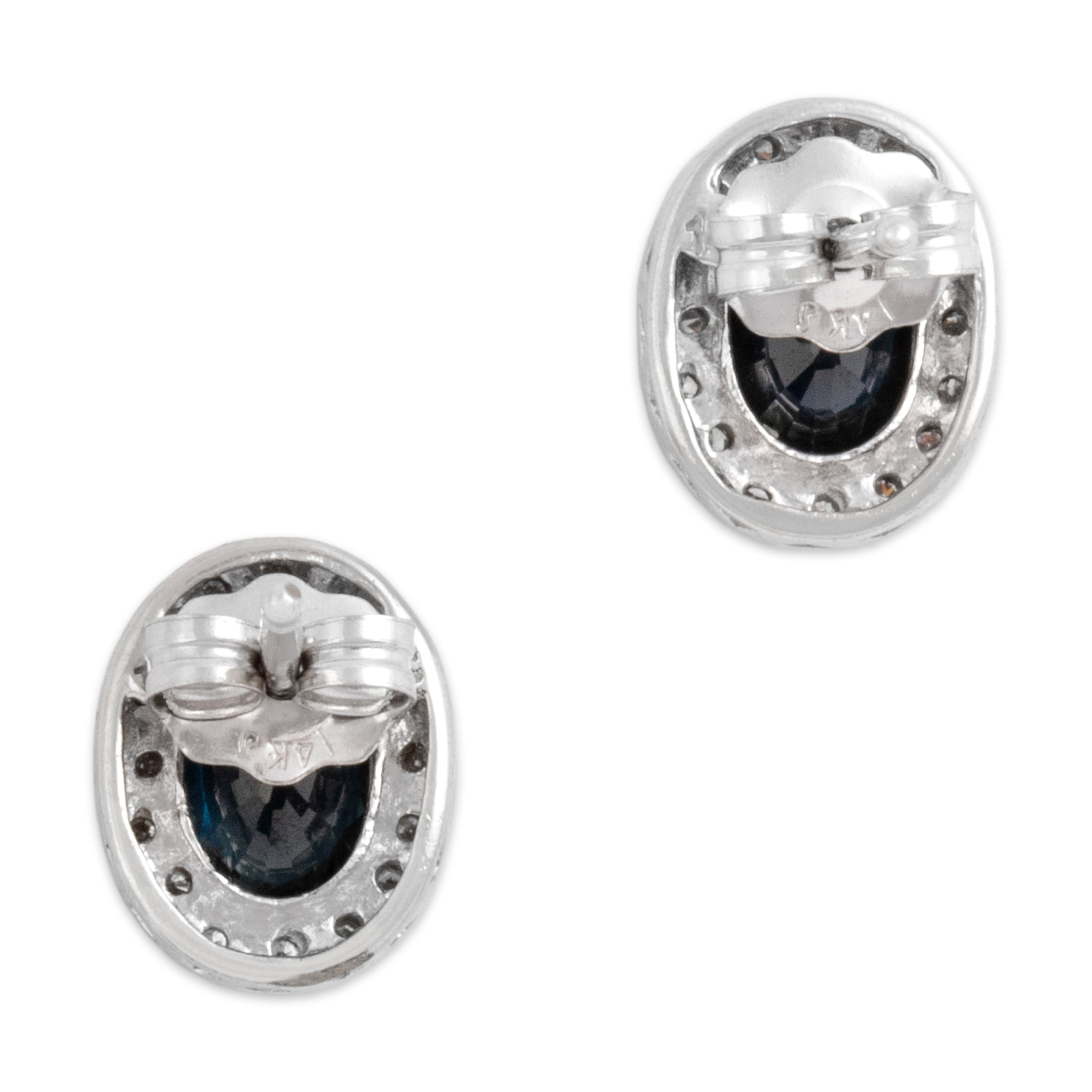 Vintage 14k White Gold 1.0cttw Blue Sapphire Diamond Elegant Oval Halo Stud Earrings - Back view