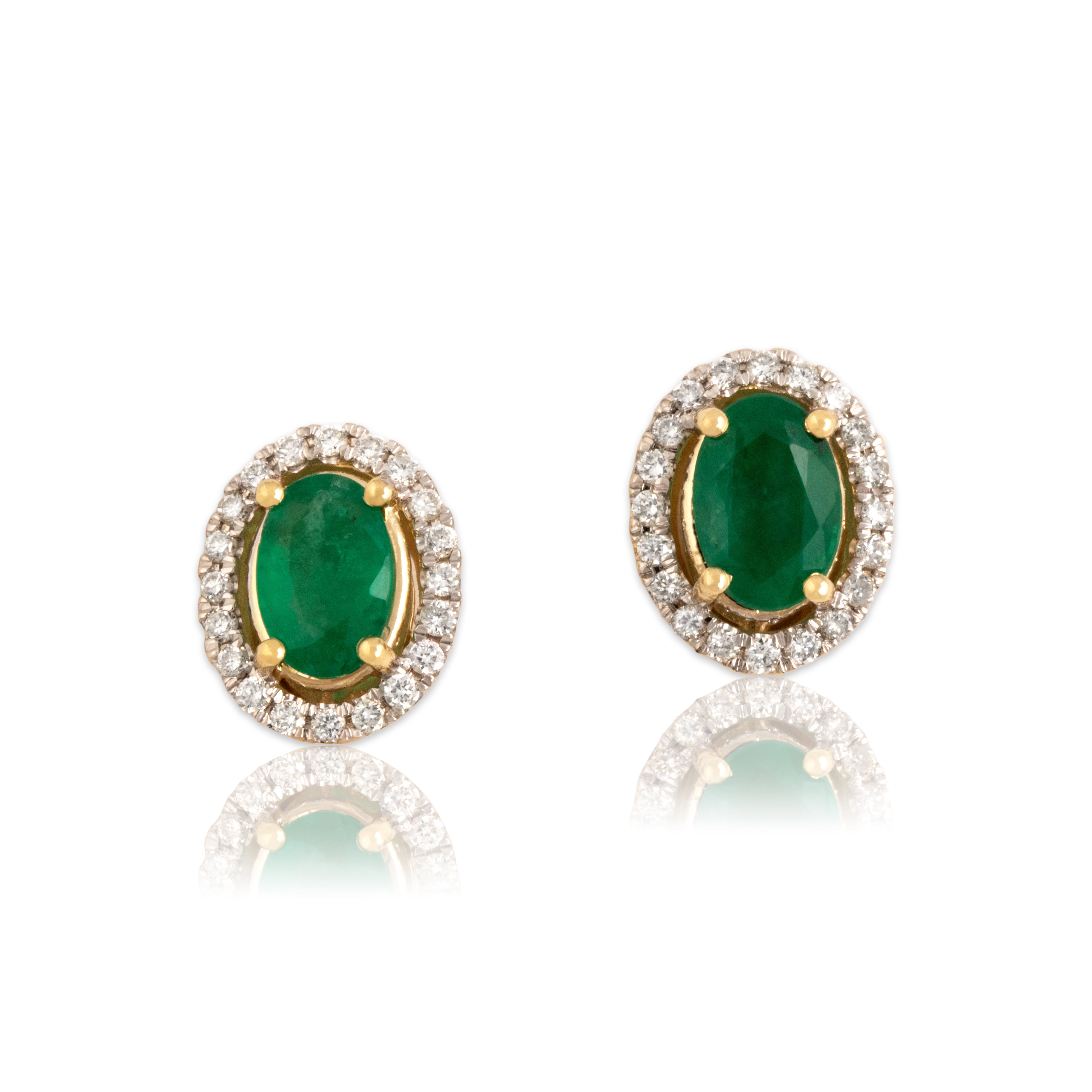 Vintage 14k Yellow Gold .67cttw Emerald Diamond Elegant Oval Pave Halo Earrings