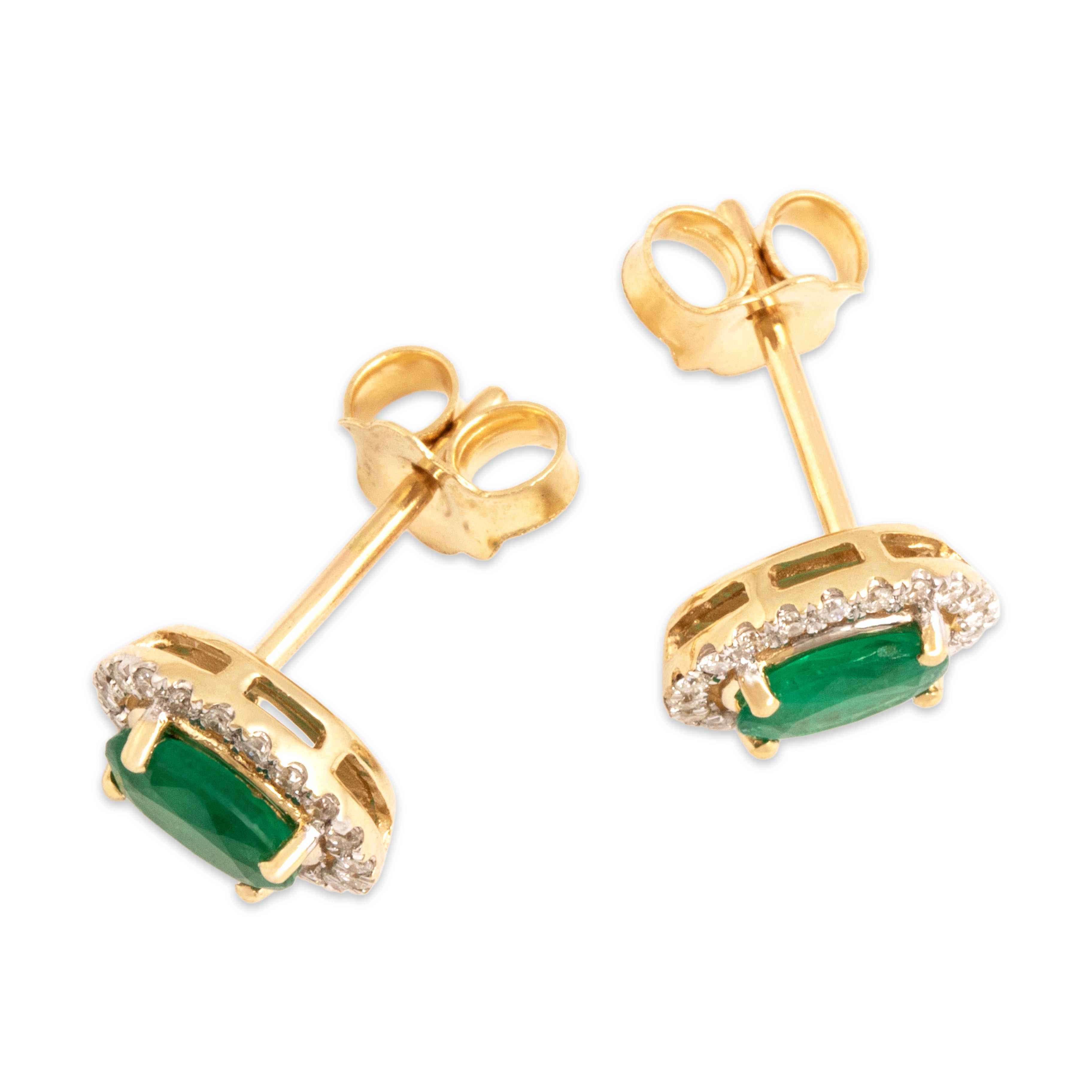 Vintage 14k Yellow Gold .67cttw Emerald Diamond Elegant Oval Pave Halo Stud Earrings - Overall view