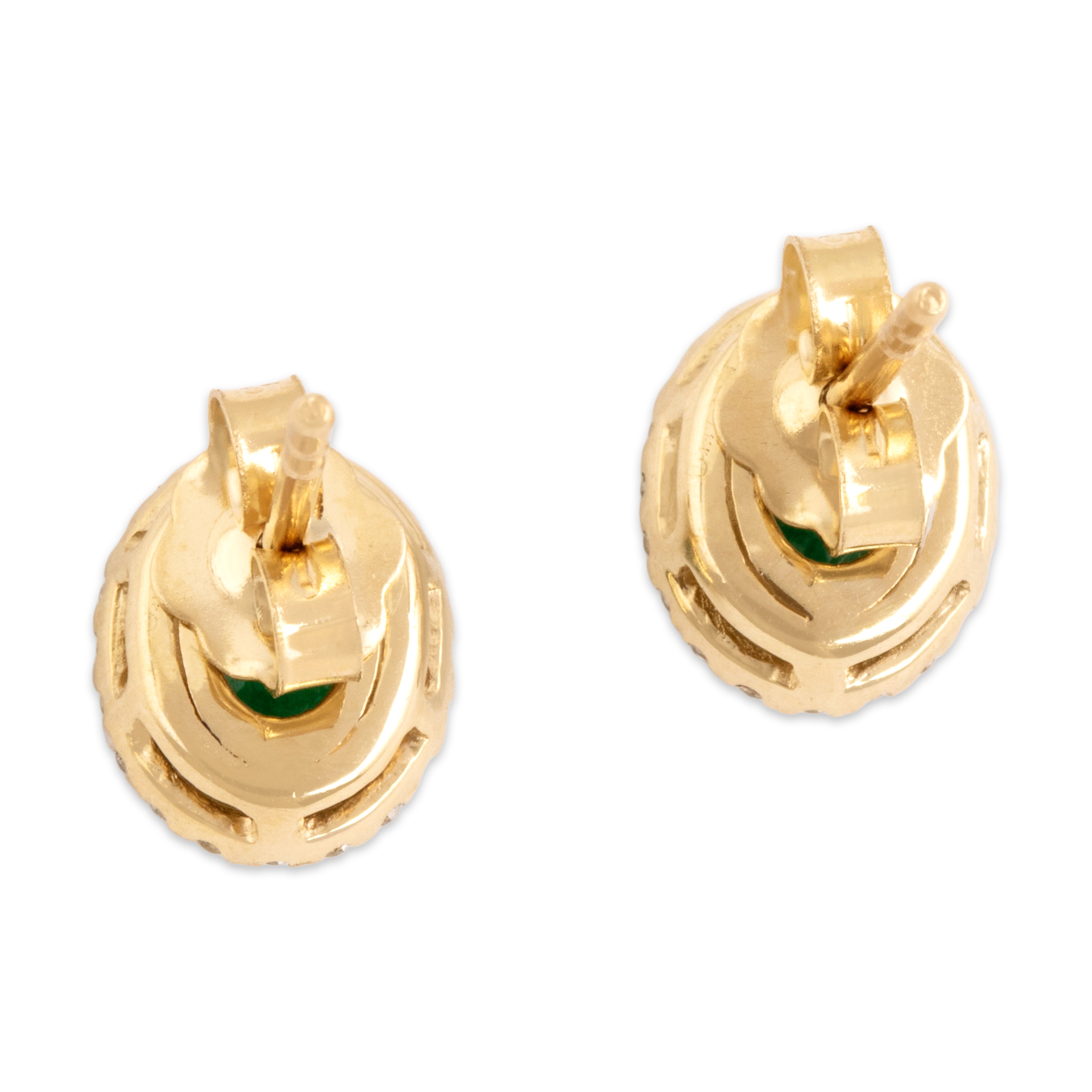 Vintage 14k Yellow Gold .67cttw Emerald Diamond Elegant Oval Pave Halo Stud Earrings - Back view