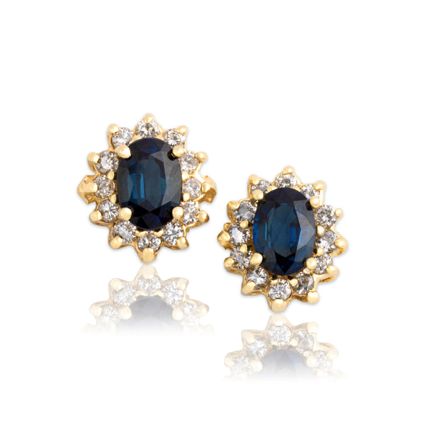 Vintage 14k Yellow Gold 1.5cttw Blue Sapphire Diamond Halo Stud Earrings
