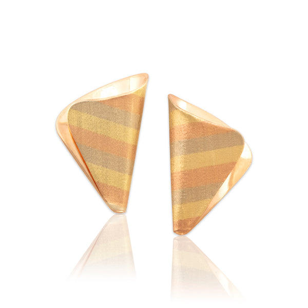 Vintage Italian 14k Tricolor Gold Sleek Striped Foldover Stud Earrings - Close-up view