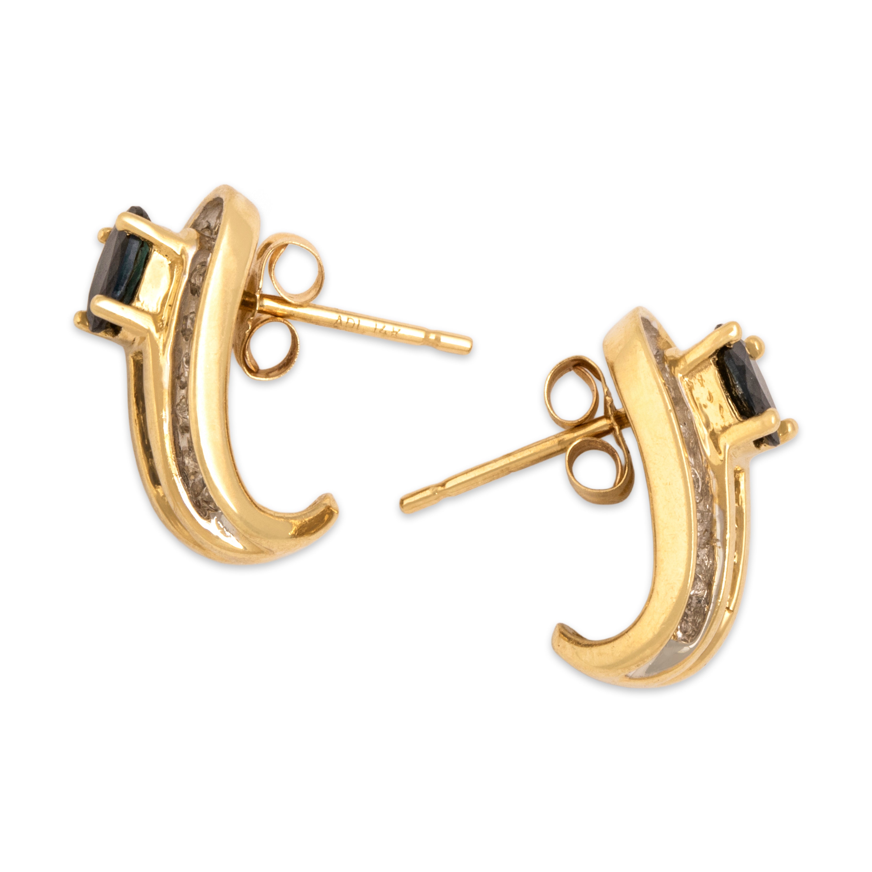 Vintage 14k Yellow Gold .66cttw Dark Blue Sapphire Diamond Brilliant Classic Channel Half-Hoop Earrings - Side view