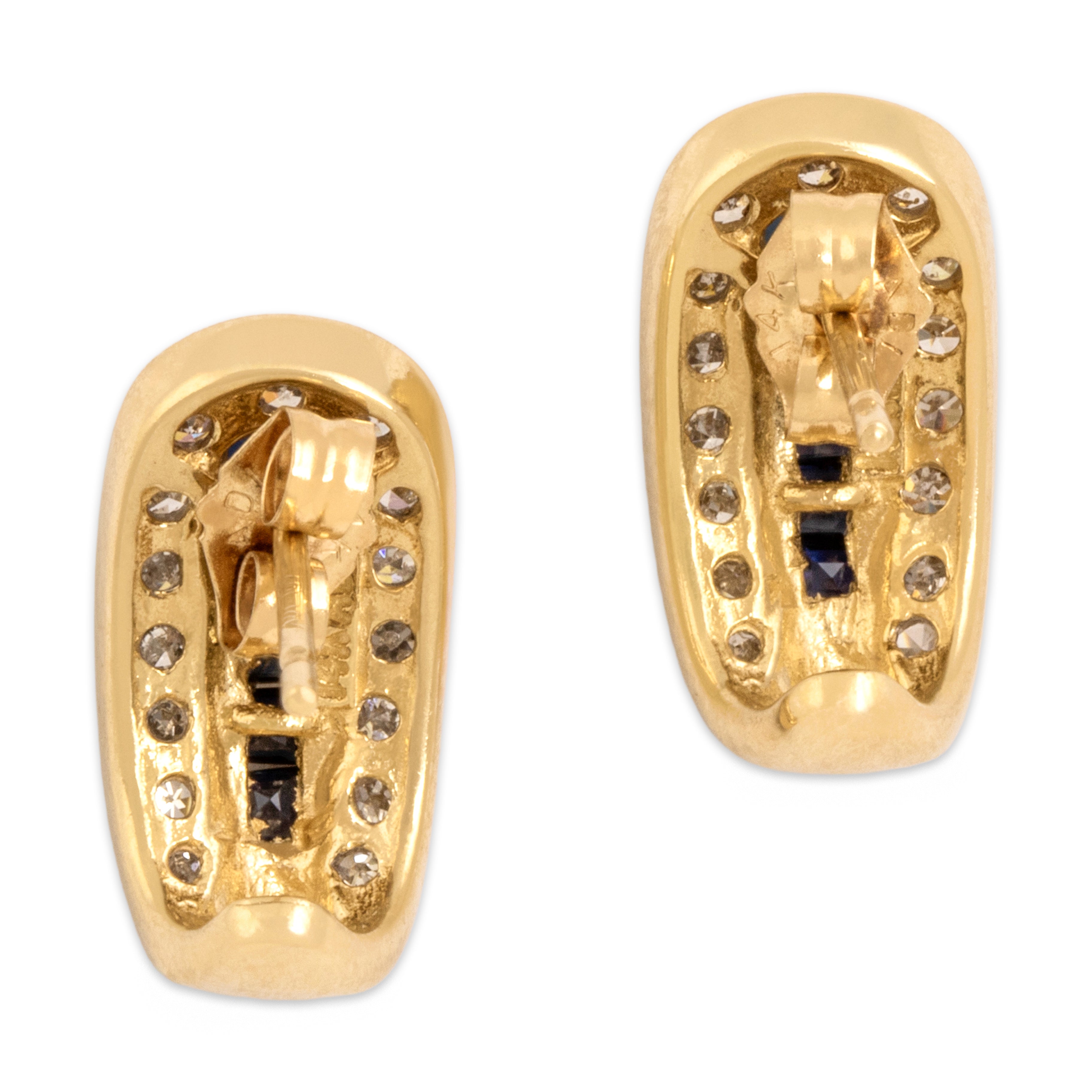 Vintage 14k Yellow Gold .66cttw Dark Blue Sapphire Diamond Brilliant Classic Channel Half-Hoop Earrings - Back view
