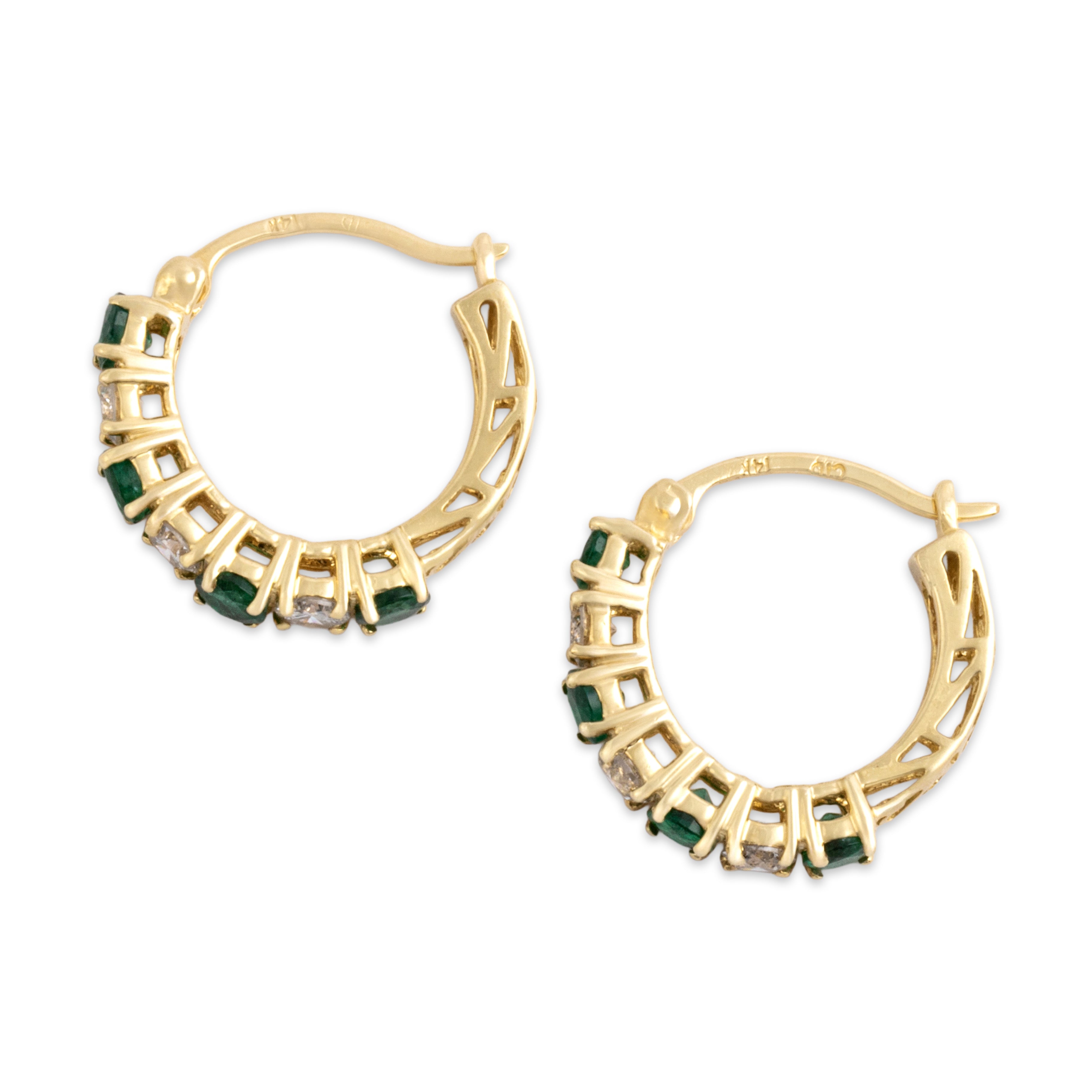 Vintage Small 14k Yellow Gold .67cttw Emerald .51cttw Diamond Hoop Earrings