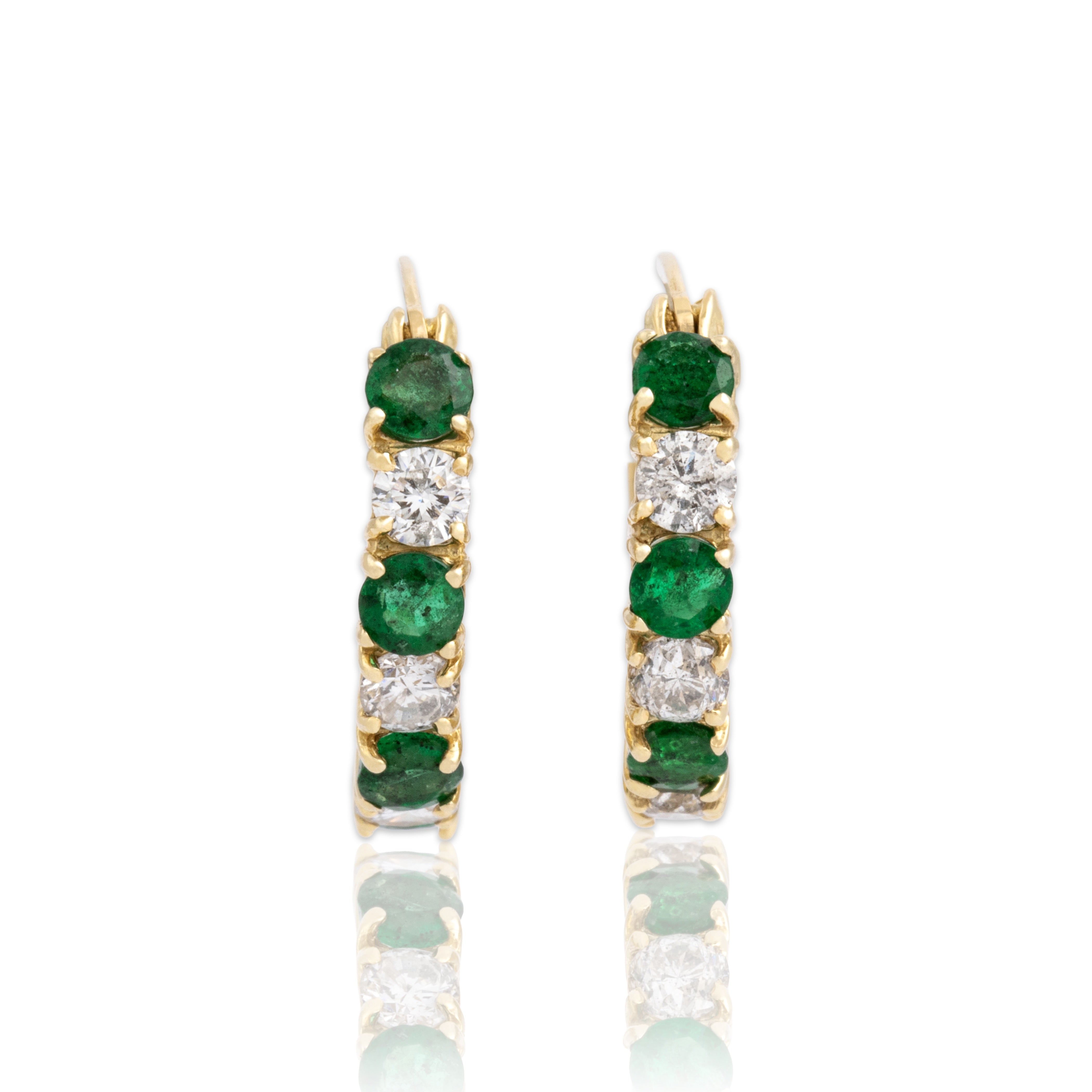 Vintage Small 14k Yellow Gold .67cttw Emerald .51cttw Diamond Hoop Earrings