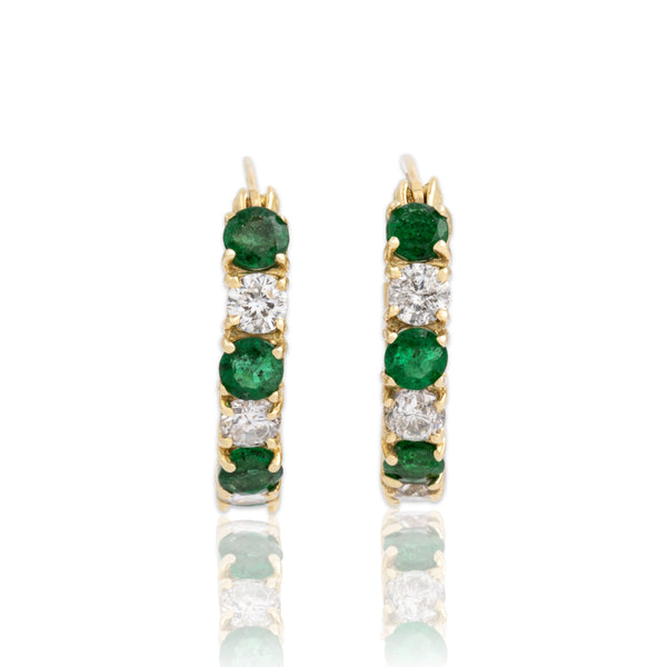 Vintage Small 14k Yellow Gold .67cttw Emerald .51cttw Diamond Hoop Earrings