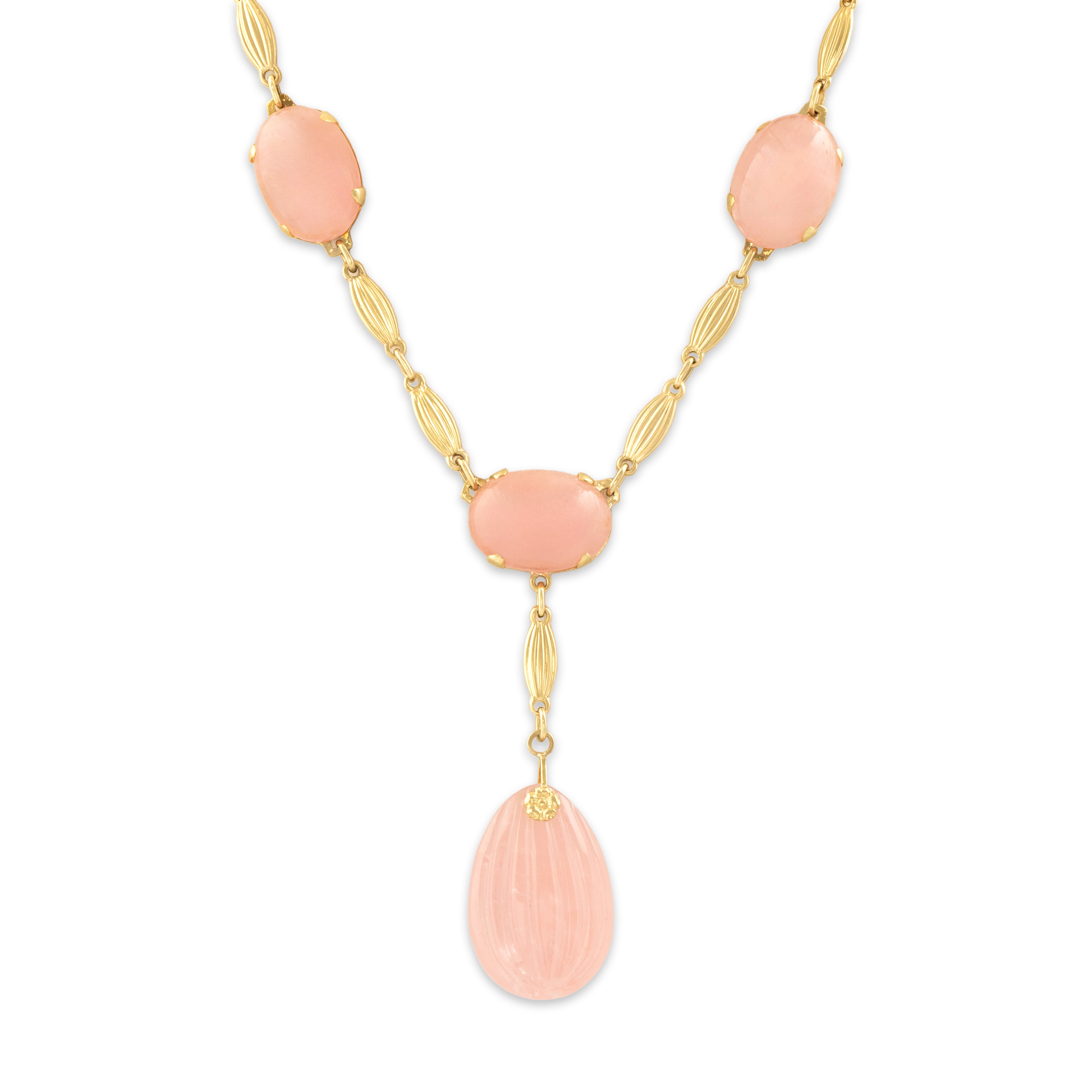 Vintage 14k Yellow Gold 49.55cttw Rose Quartz Statement Flower Detail Dangle Necklace - Close-up view