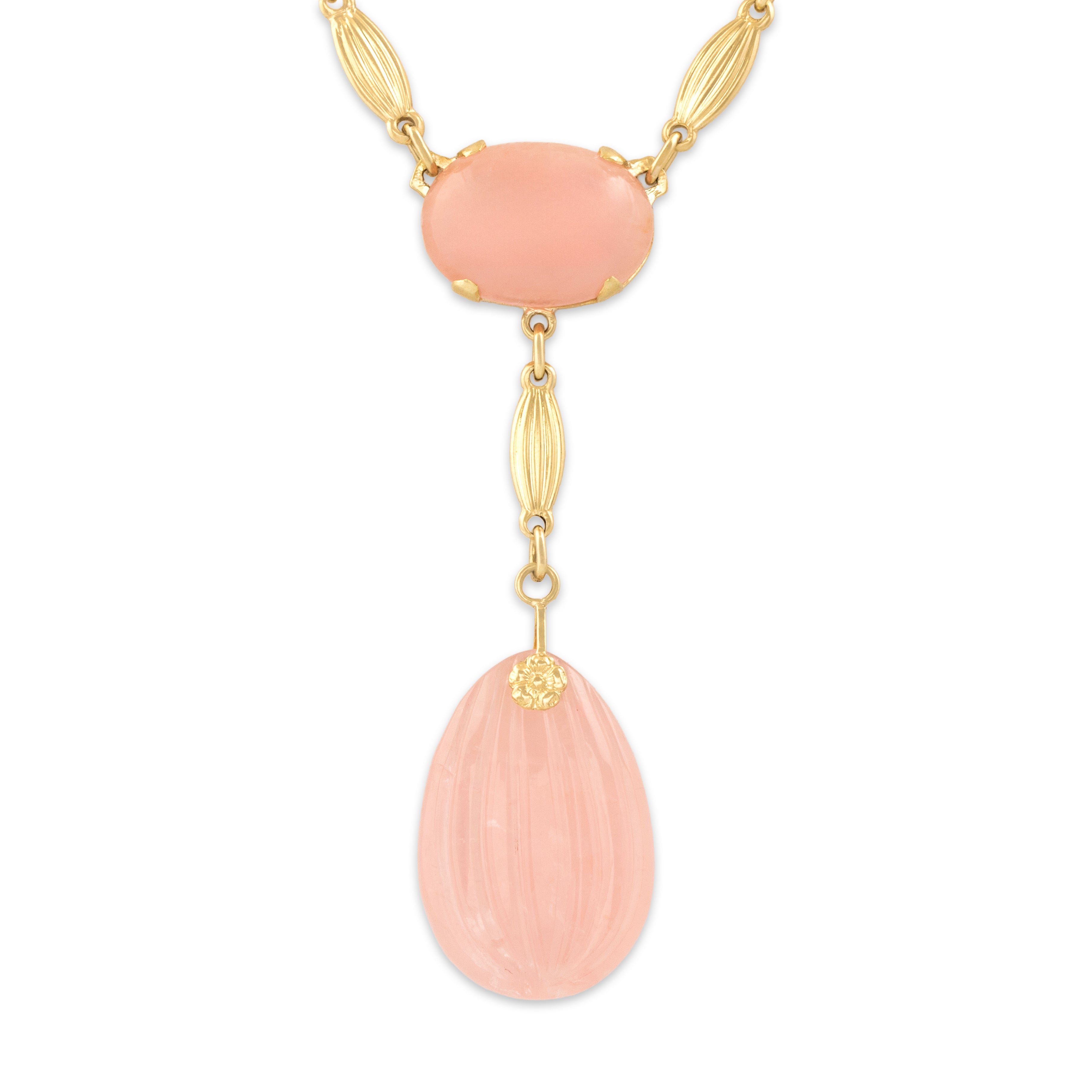 Vintage 14k Yellow Gold 49.55cttw Rose Quartz Statement Flower Detail Dangle Necklace - detail view #1