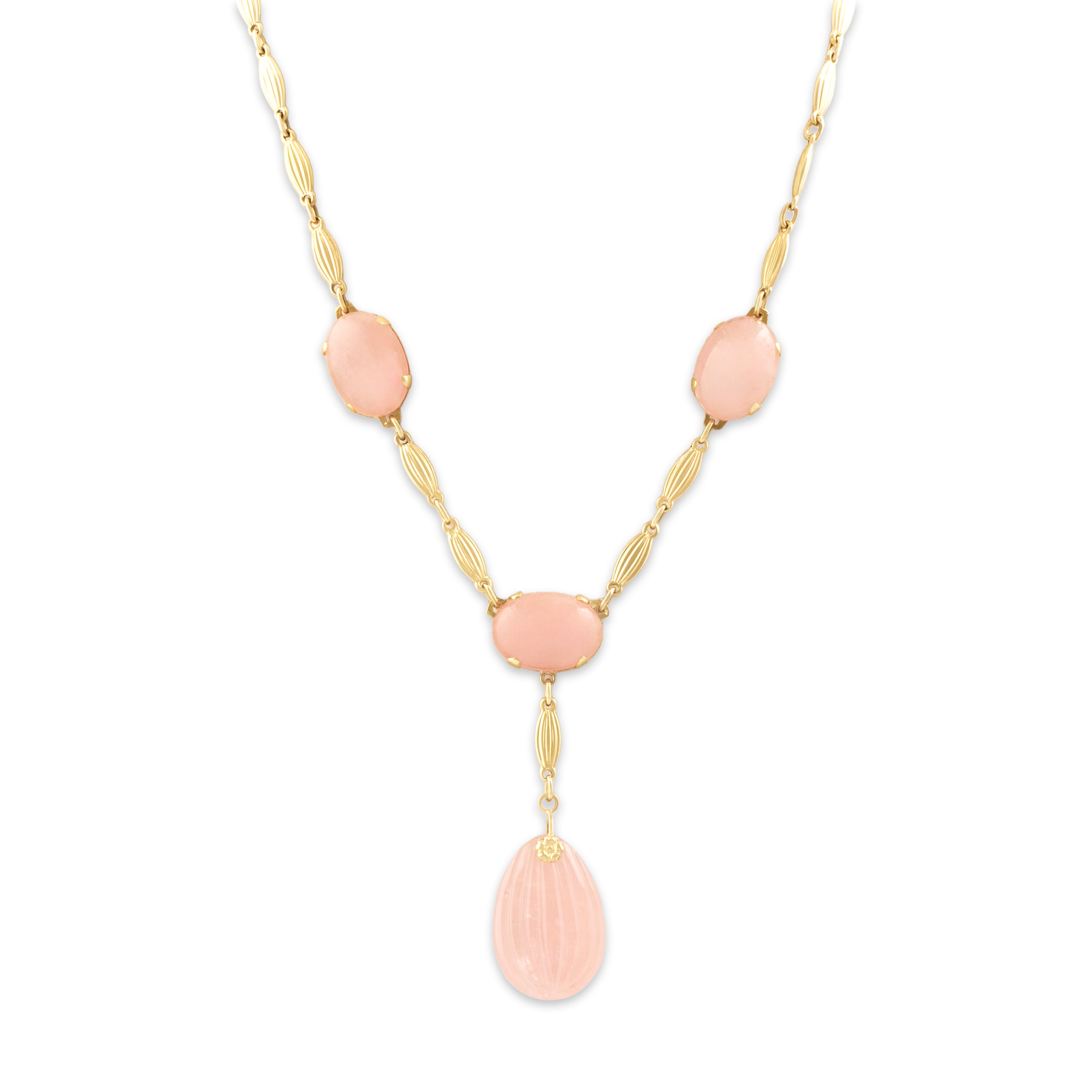 Vintage 14k Yellow Gold 49.55cttw Rose Quartz Statement Flower Detail Dangle Necklace - detail view #2