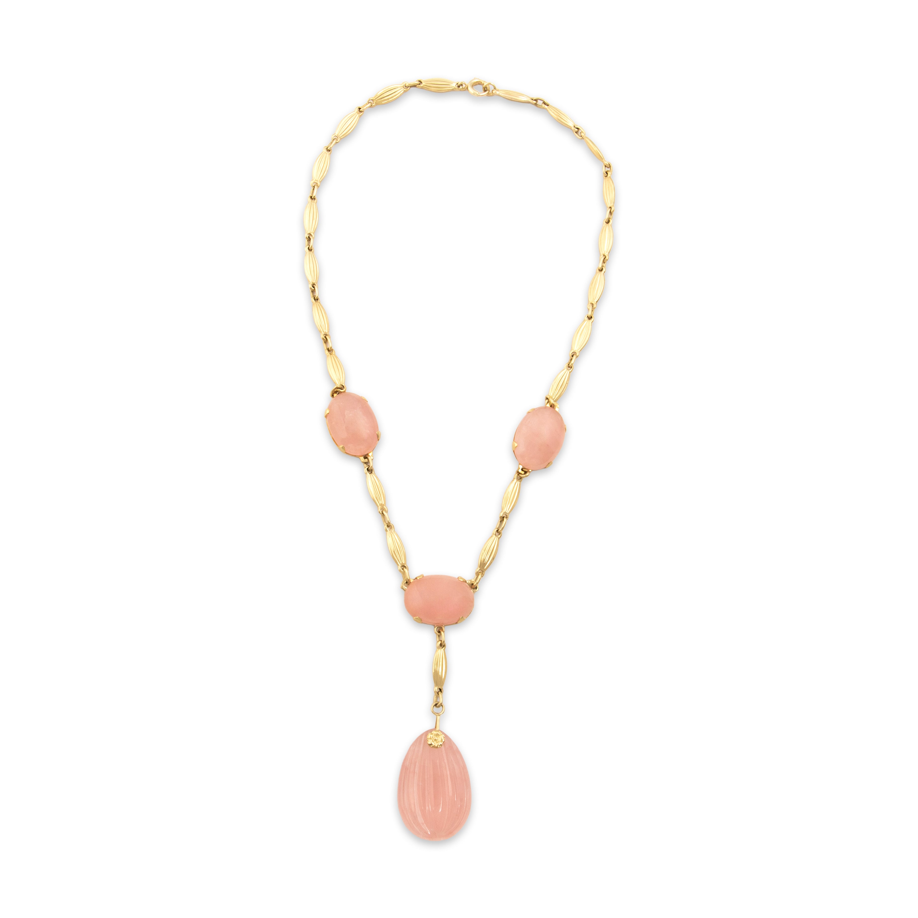 Vintage 14k Yellow Gold 49.55cttw Rose Quartz Statement Flower Detail Dangle Necklace - Overall view