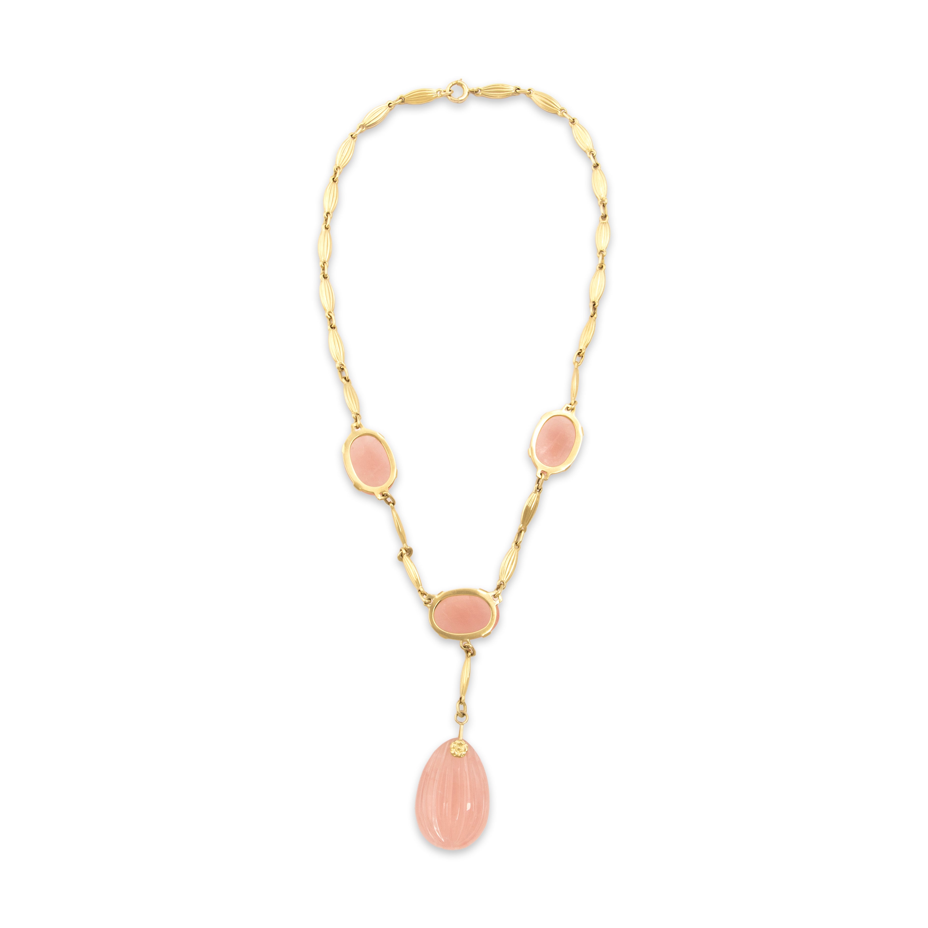 Vintage 14k Yellow Gold 49.55cttw Rose Quartz Statement Flower Detail Dangle Necklace - Back view