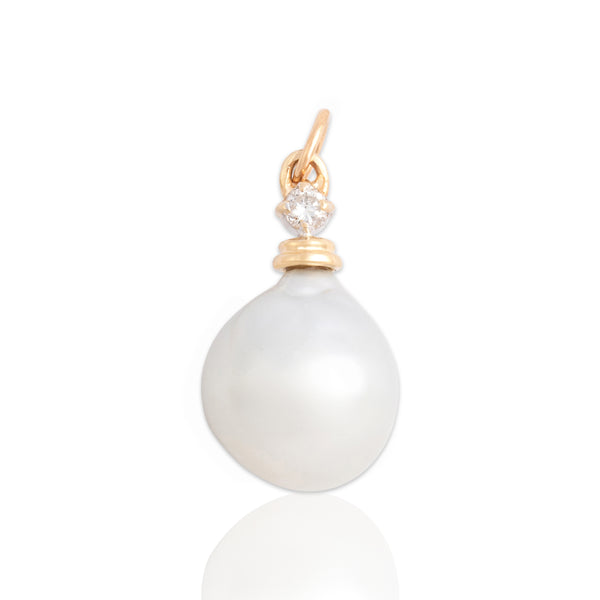 Vintage 14k Yellow Gold Diamond Pearl Round Luminous Duo Charm / Pendant