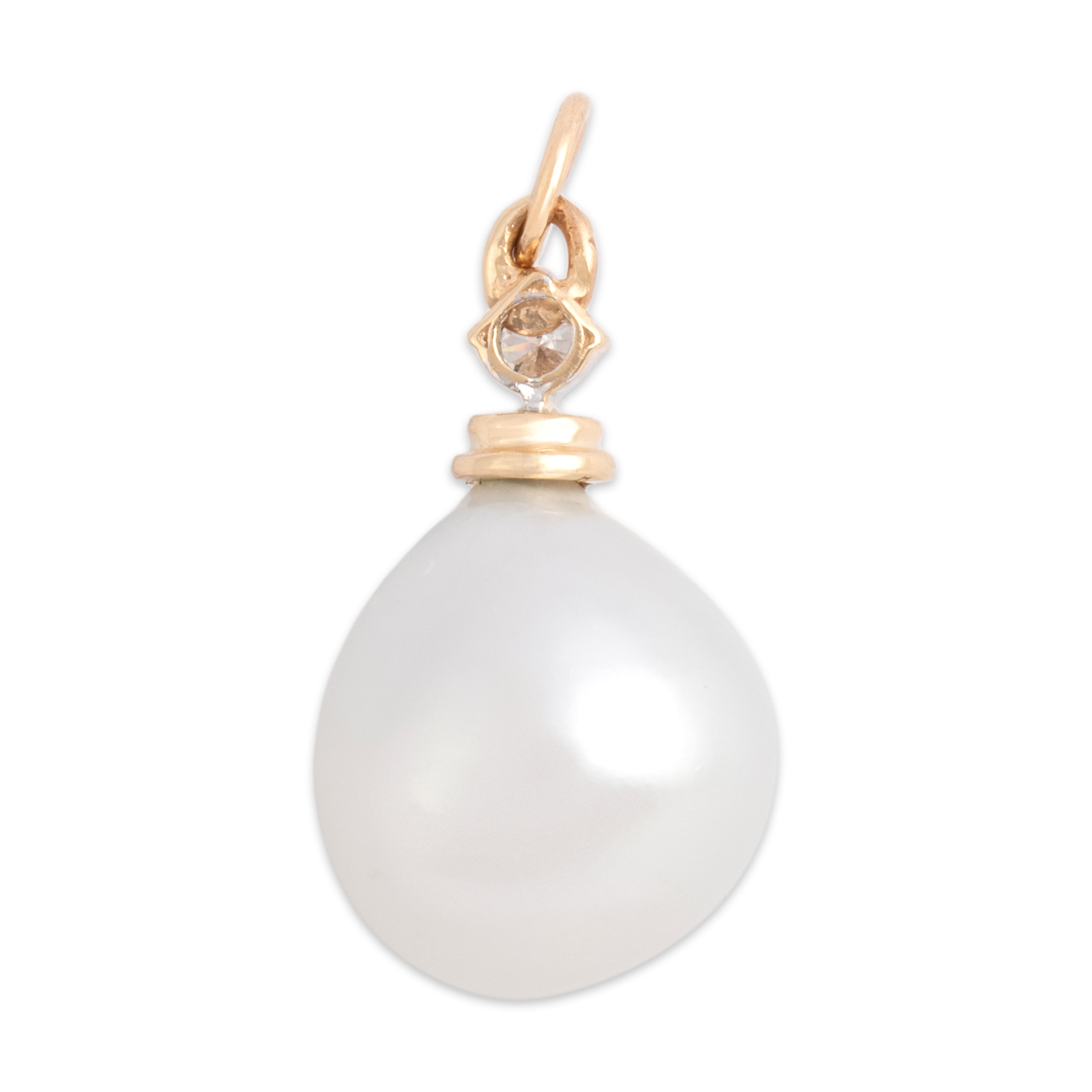 Vintage 14k Yellow Gold Diamond Pearl Round Luminous Duo Charm / Pendant - Back view