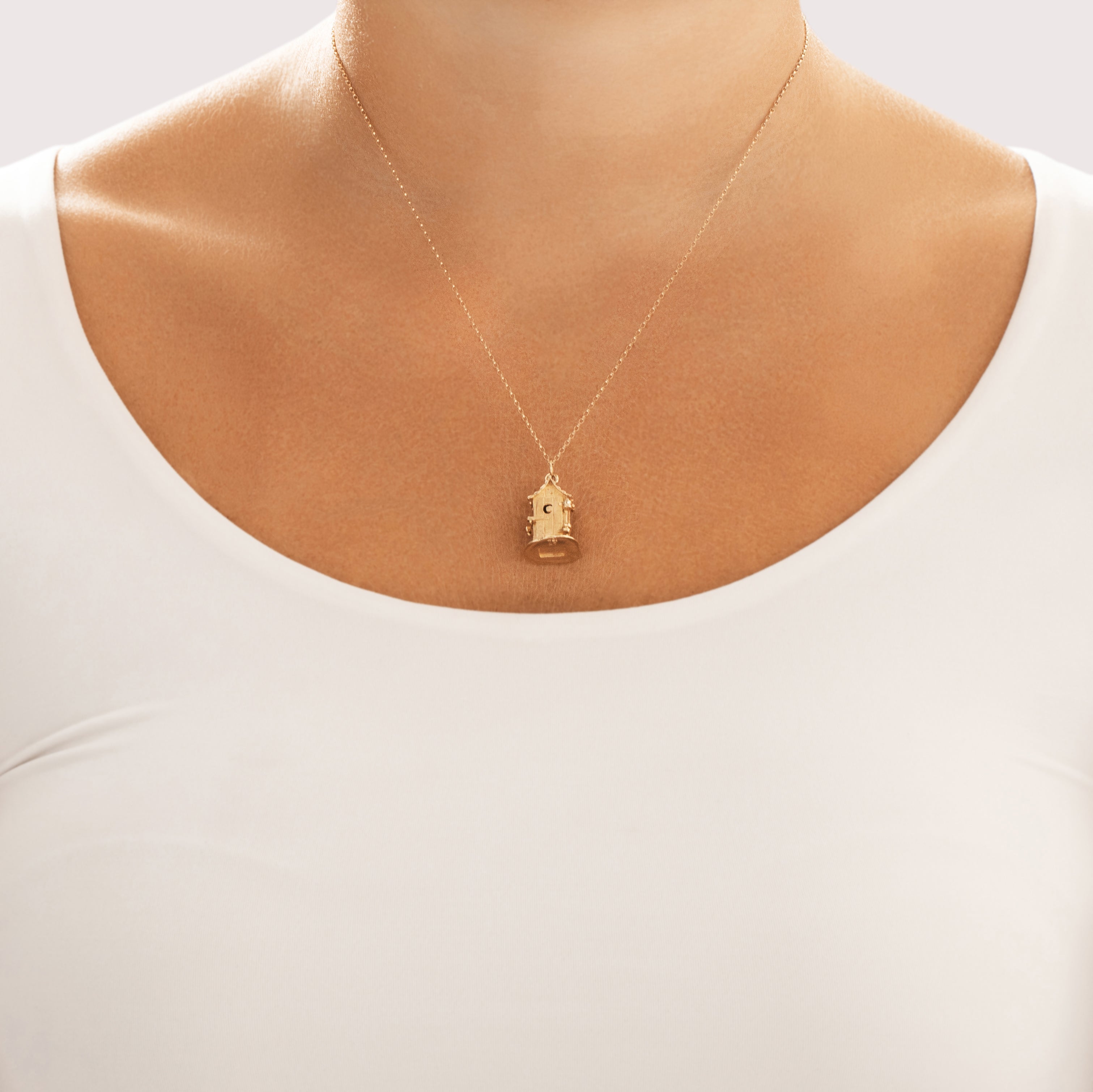 Vintage 10k Yellow Gold Whimsical Detailed Opening Outhouse Surprise Charm / Pendant - On model view