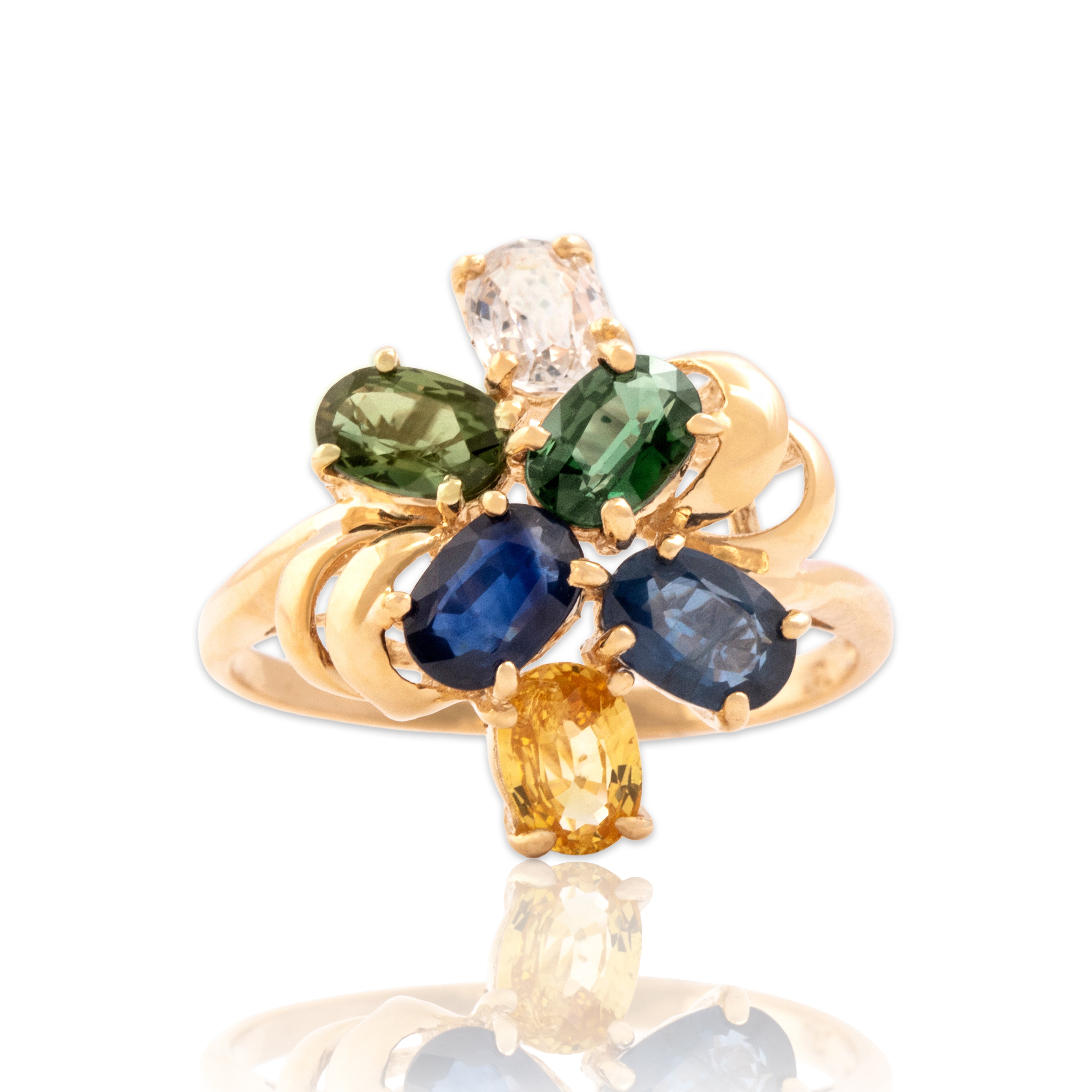 Vintage 14k Yellow Gold 2.66cttw Multi-color Sapphire Vibrant Cluster Ring 9.00